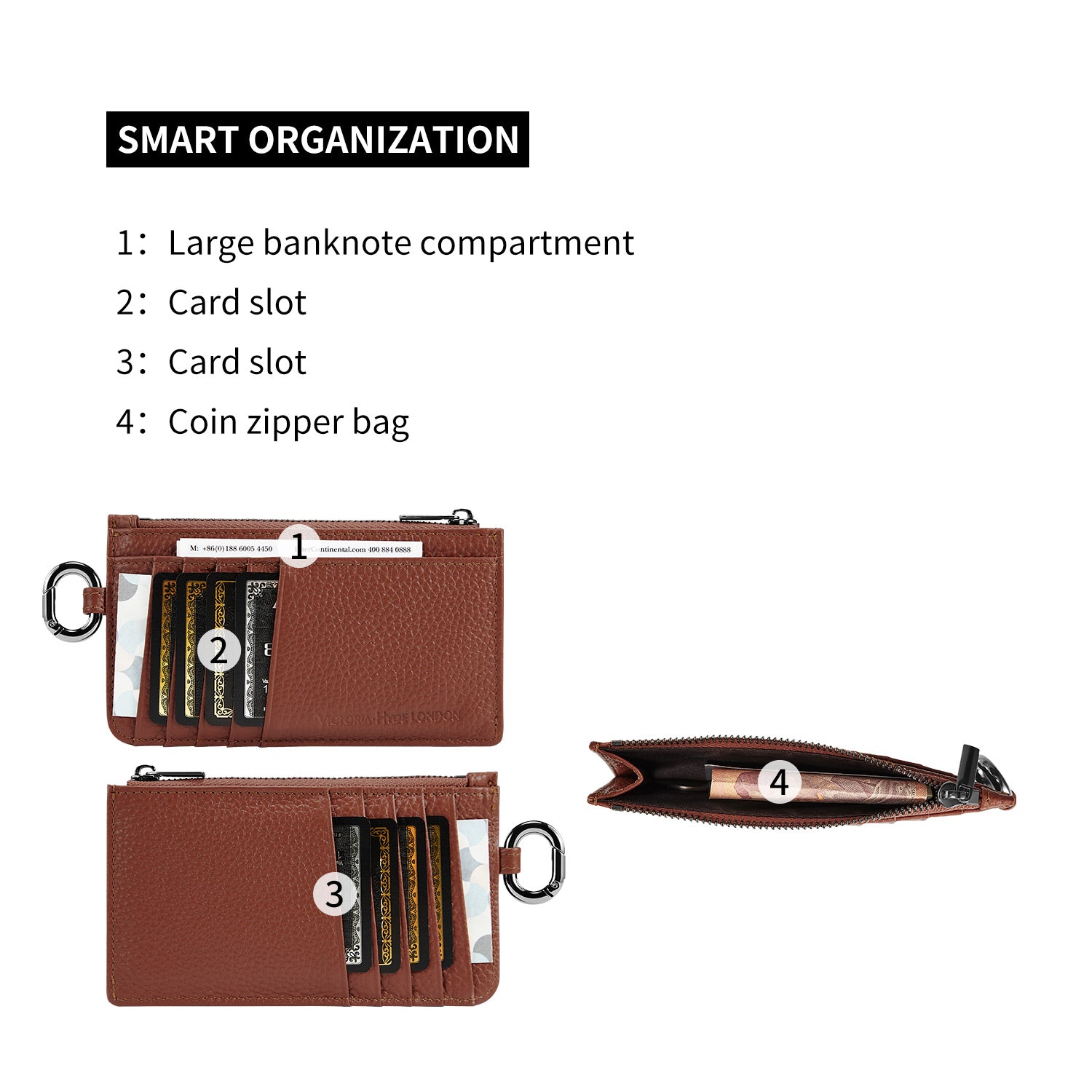Victoria Hyde real leather card case in caramel: unisex, multifunctional, with 10 card slots, ticket pocket, coin zippered organza pouch & removable clasp.