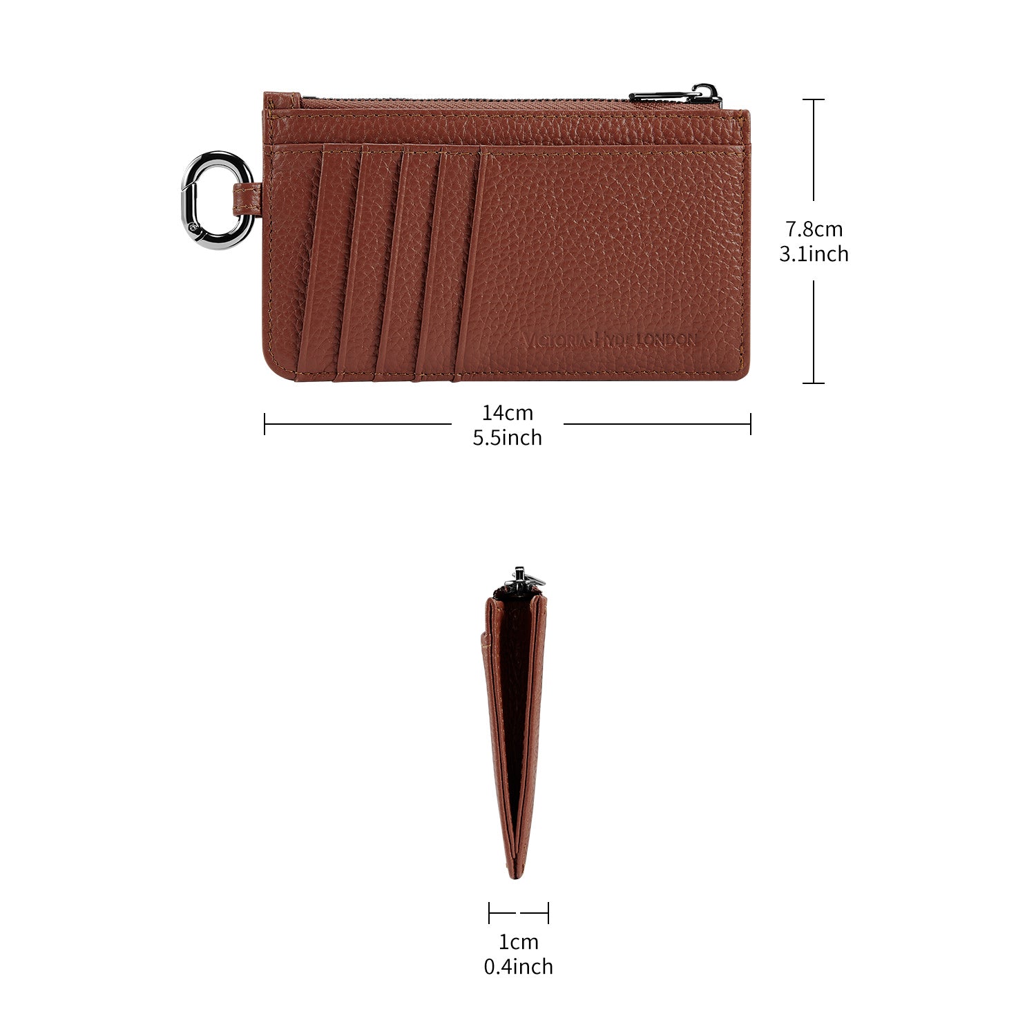 Victoria Hyde real leather card case in caramel: unisex, multifunctional, with 10 card slots, ticket pocket, coin zippered organza pouch &amp; removable clasp.