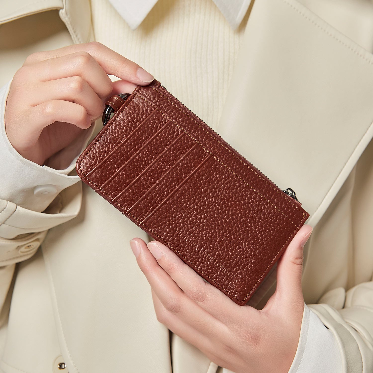 Victoria Hyde real leather card case in caramel: unisex, multifunctional, with 10 card slots, ticket pocket, coin zippered organza pouch &amp; removable clasp.
