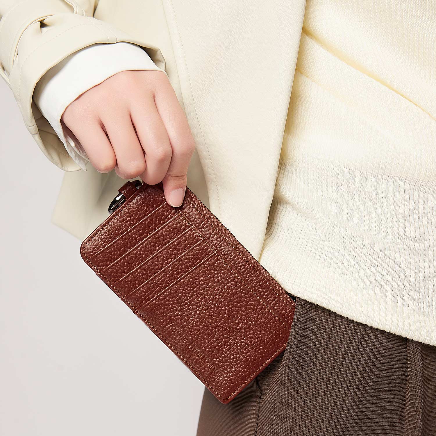 Victoria Hyde real leather card case in caramel: unisex, multifunctional, with 10 card slots, ticket pocket, coin zippered organza pouch &amp; removable clasp.