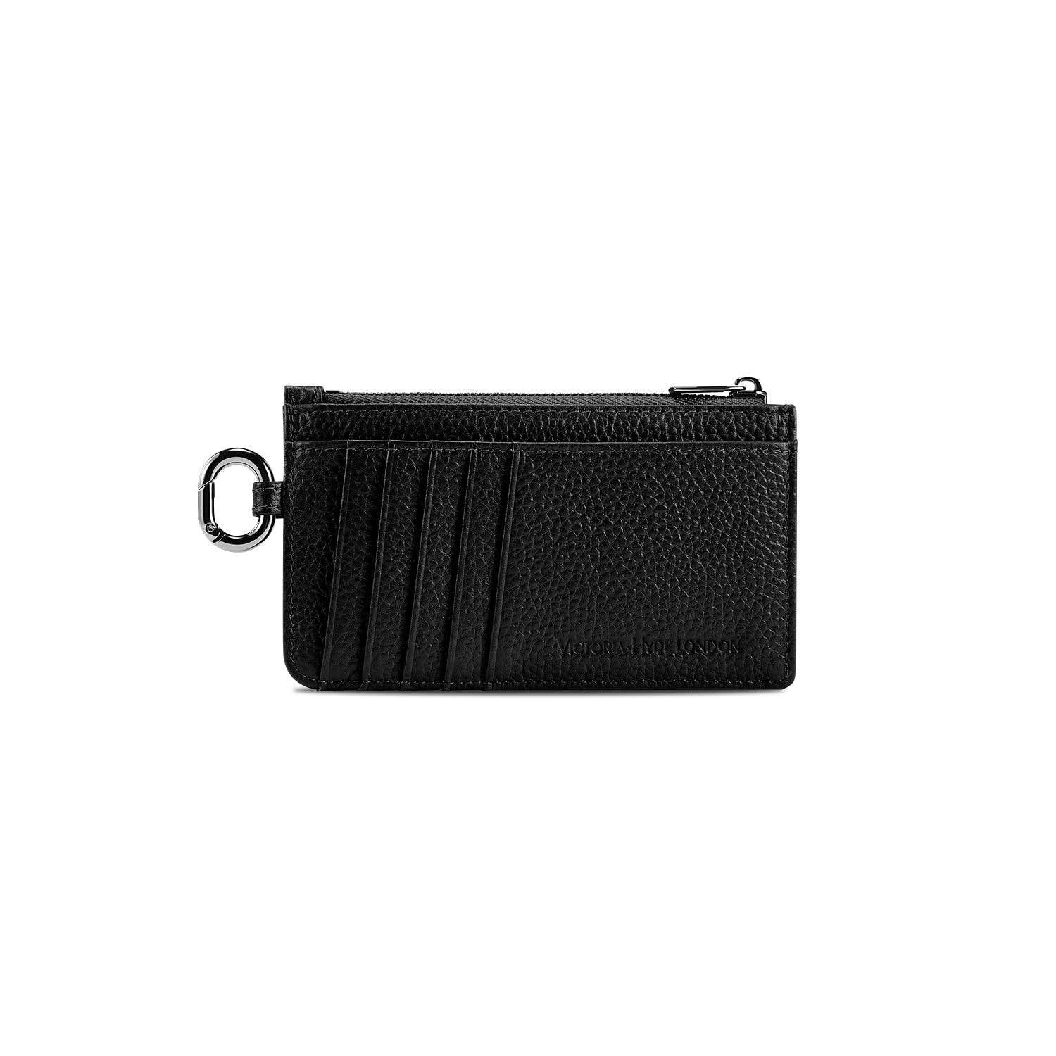 Victoria Hyde black genuine leather cardholder, unisex, multi-functional. Features 10 card slots, coin pocket, ticket slot, removable clasp. Minimalist and practical.