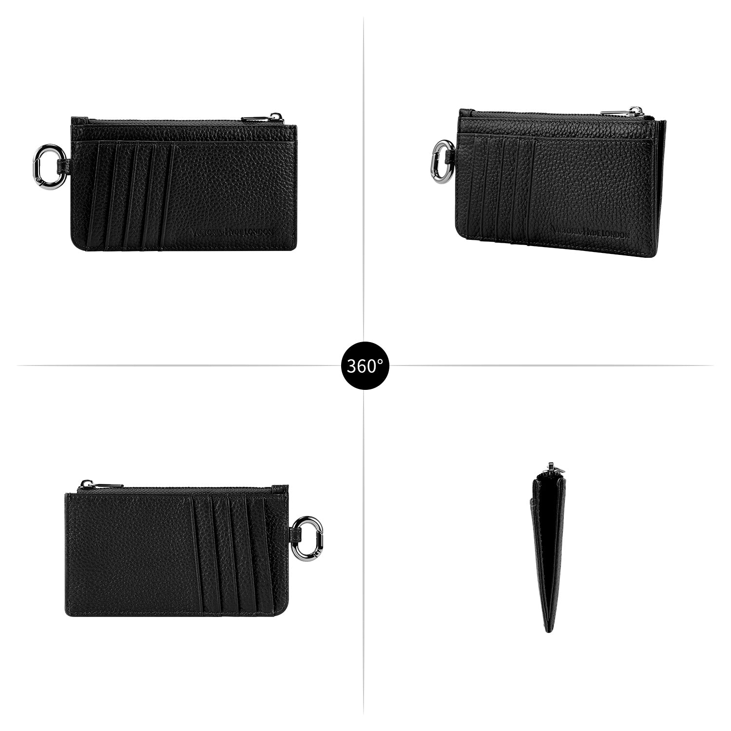 Victoria Hyde black genuine leather cardholder, unisex, multi-functional. Features 10 card slots, coin pocket, ticket slot, removable clasp. Minimalist and practical.