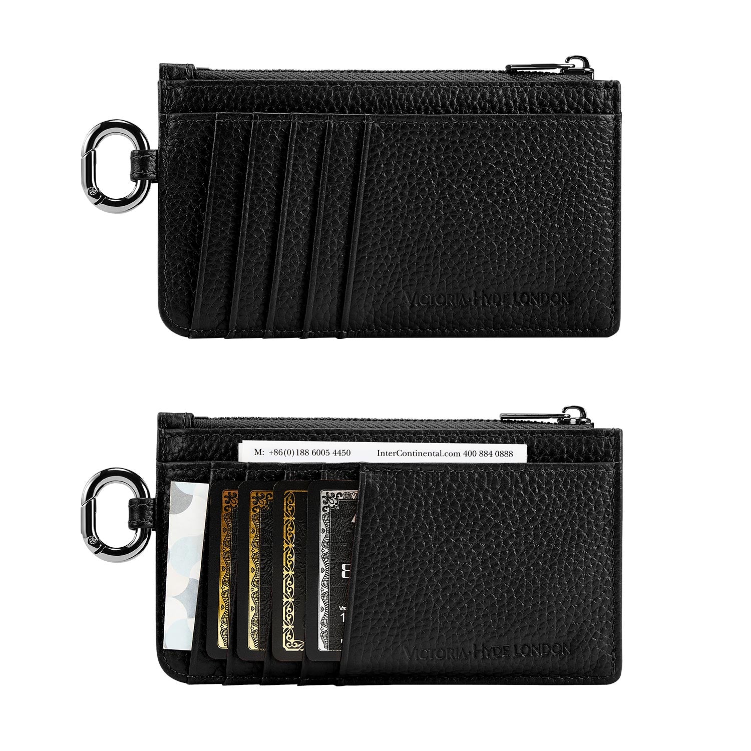 Victoria Hyde black genuine leather cardholder, unisex, multi-functional. Features 10 card slots, coin pocket, ticket slot, removable clasp. Minimalist and practical.