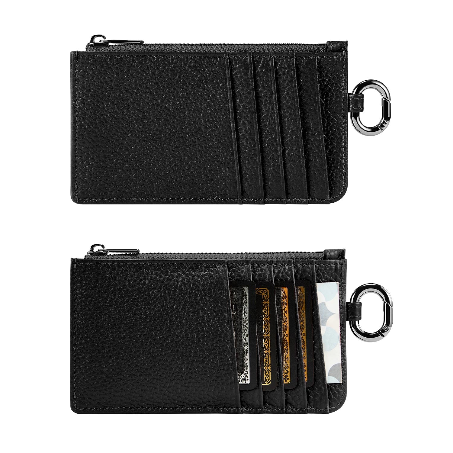 Victoria Hyde black genuine leather cardholder, unisex, multi-functional. Features 10 card slots, coin pocket, ticket slot, removable clasp. Minimalist and practical.