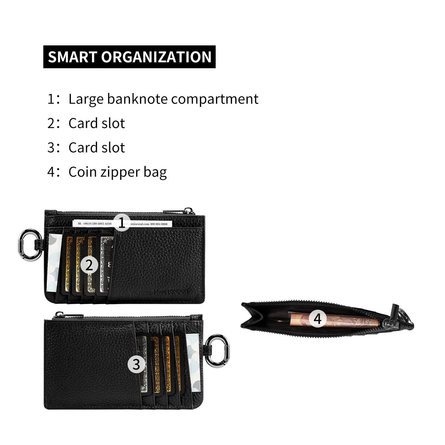Victoria Hyde black genuine leather cardholder, unisex, multi-functional. Features 10 card slots, coin pocket, ticket slot, removable clasp. Minimalist and practical.