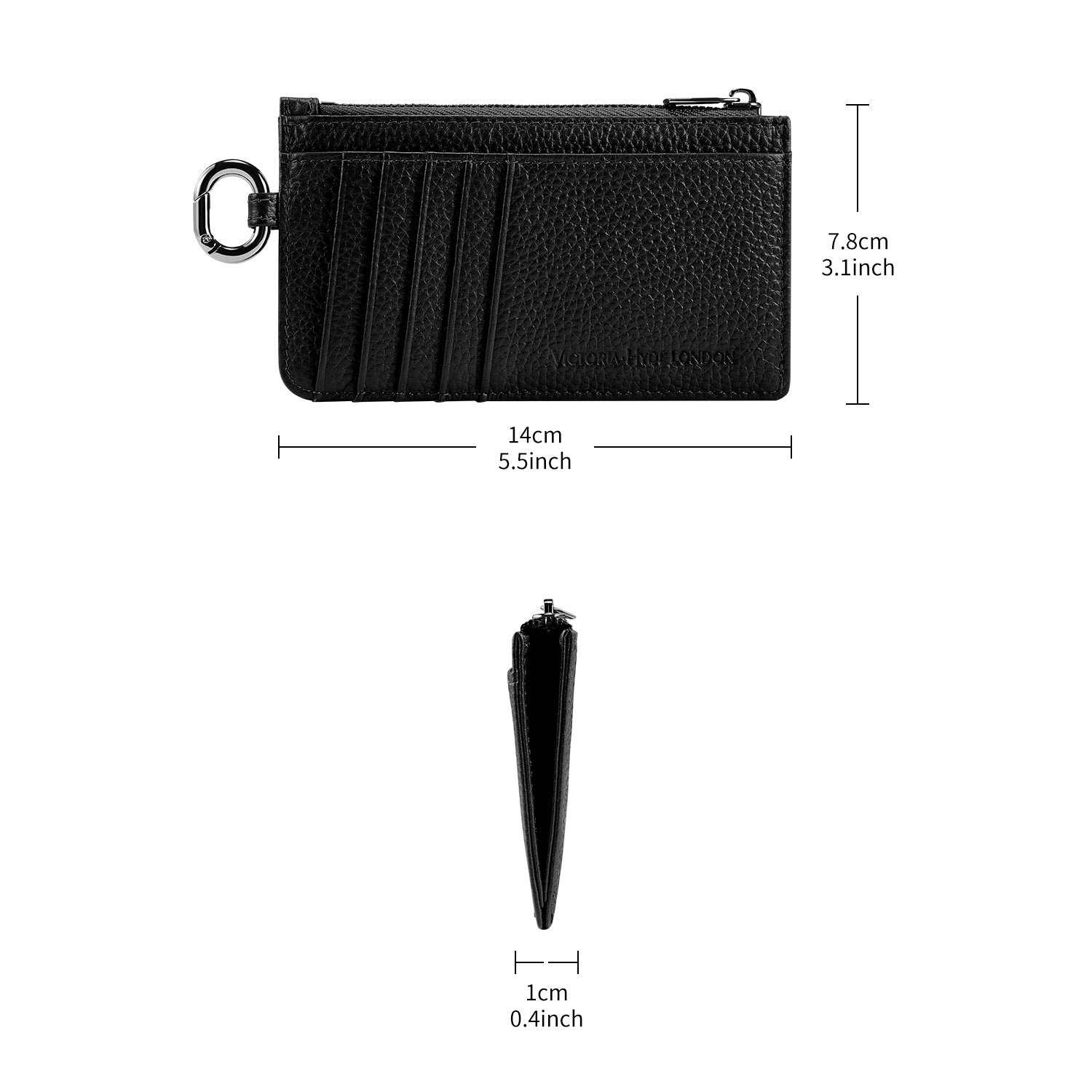 Victoria Hyde black genuine leather cardholder, unisex, multi-functional. Features 10 card slots, coin pocket, ticket slot, removable clasp. Minimalist and practical.