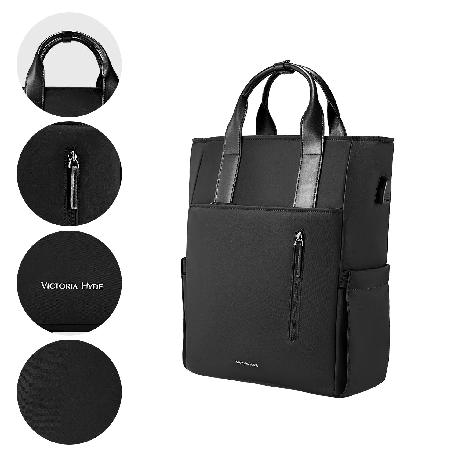 Victoria Hyde London Lake backpack – modern work backpack, 0.95kg, 15" laptop compartment, USB port, polyester exterior, silk lining, trolley strap, stylish commuter bag.