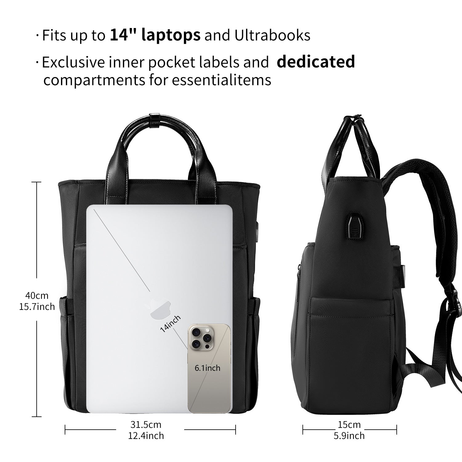 Victoria Hyde London Lake backpack – modern work backpack, 0.95kg, 15" laptop compartment, USB port, polyester exterior, silk lining, trolley strap, stylish commuter bag.