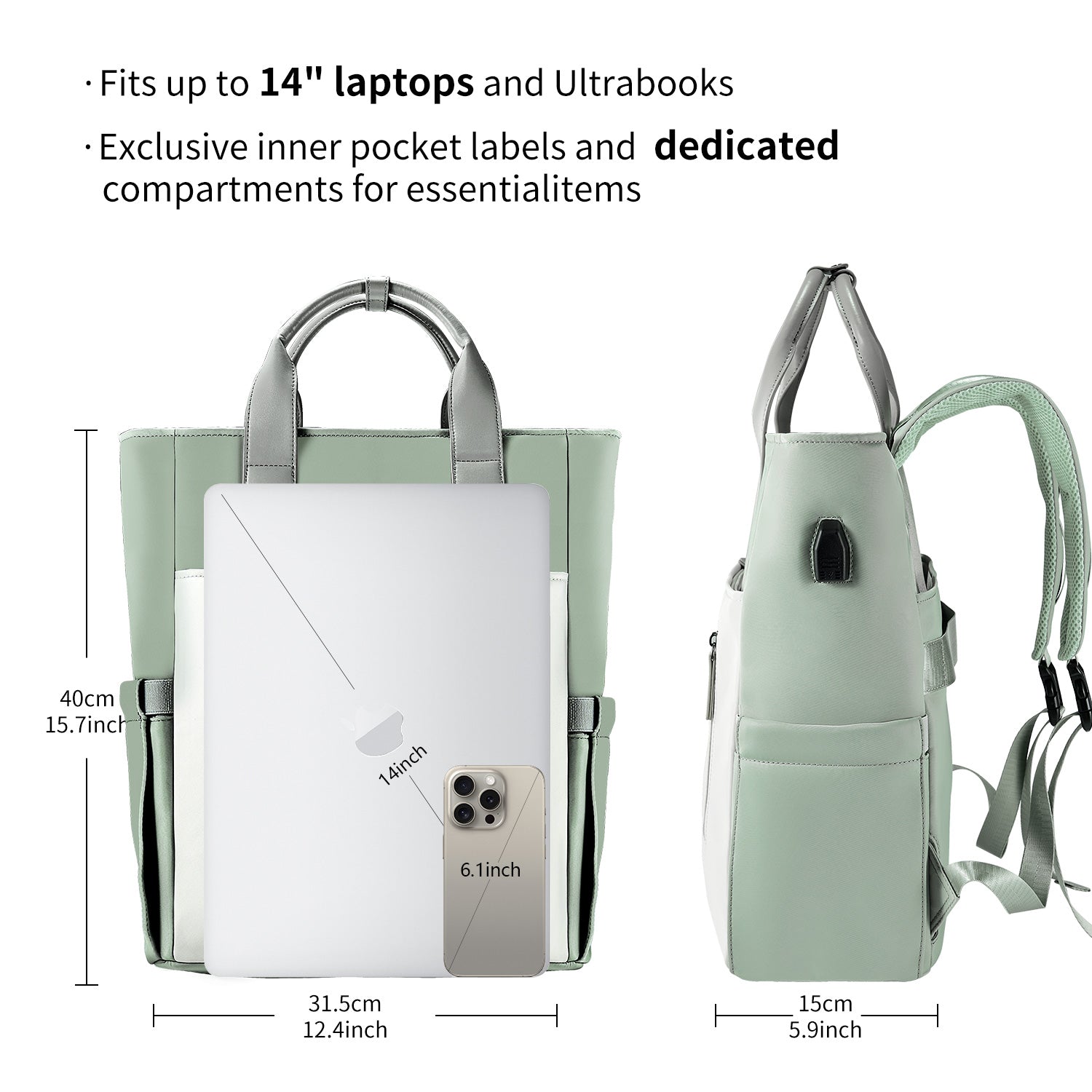 Victoria Hyde London Lake work backpack – laptop compartment (15”), USB port, polyester, Shandong silk lining, elegant commuter bag.