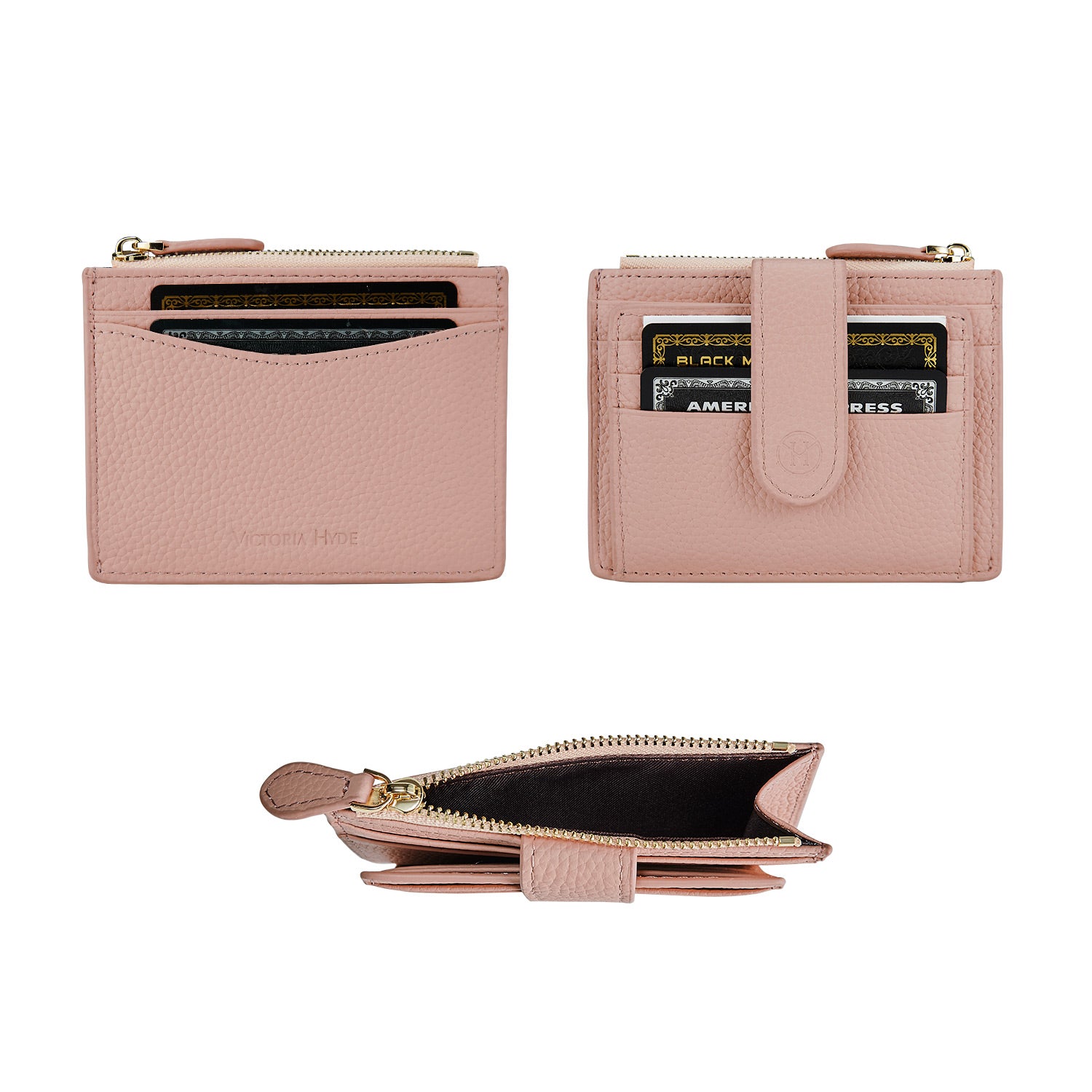 Victoria Hyde genuine leather card case – soft cowhide, minimalist design, 6 card slots, side zip pocket with 2 extra slots, plus document & bill compartment.