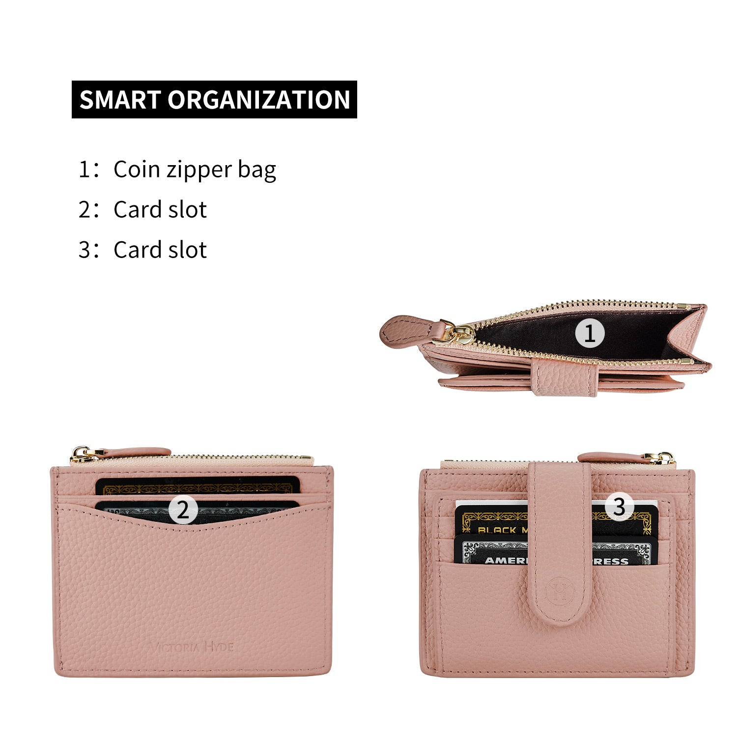 Victoria Hyde genuine leather card case – soft cowhide, minimalist design, 6 card slots, side zip pocket with 2 extra slots, plus document & bill compartment.