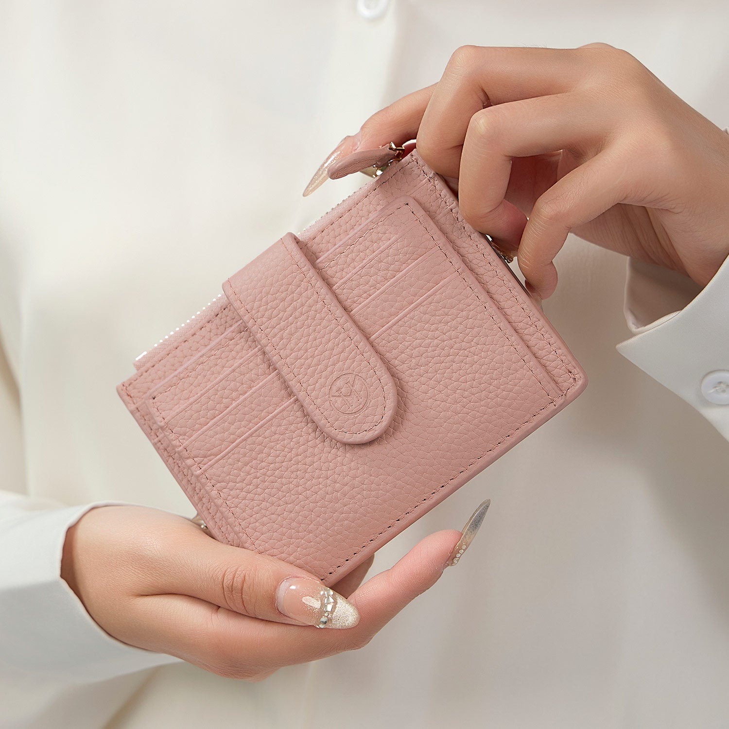 Victoria Hyde genuine leather card case – soft cowhide, minimalist design, 6 card slots, side zip pocket with 2 extra slots, plus document &amp; bill compartment.