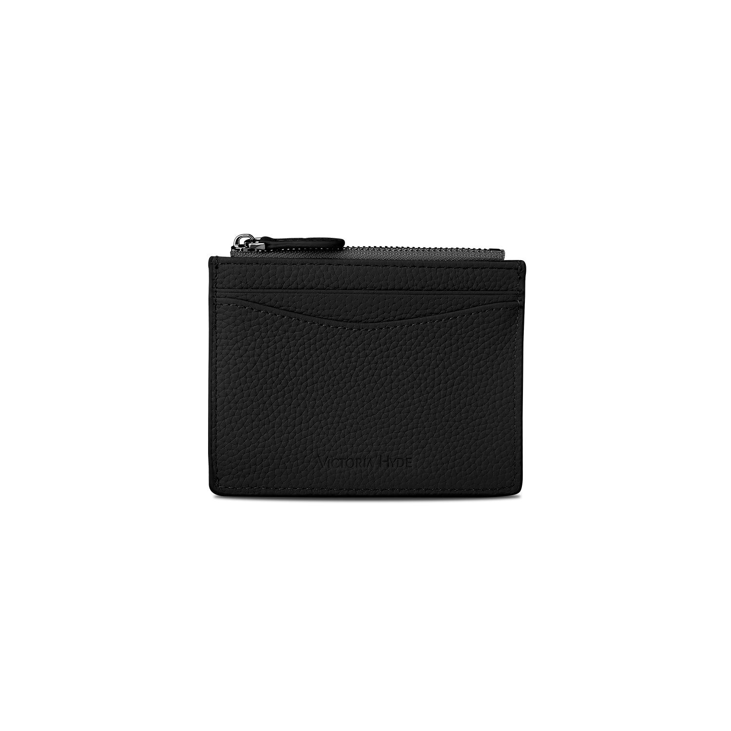 Victoria Hyde genuine leather card holder – soft cowhide, 6 front/back card slots, side zip pocket for tickets, minimalist daily essential.