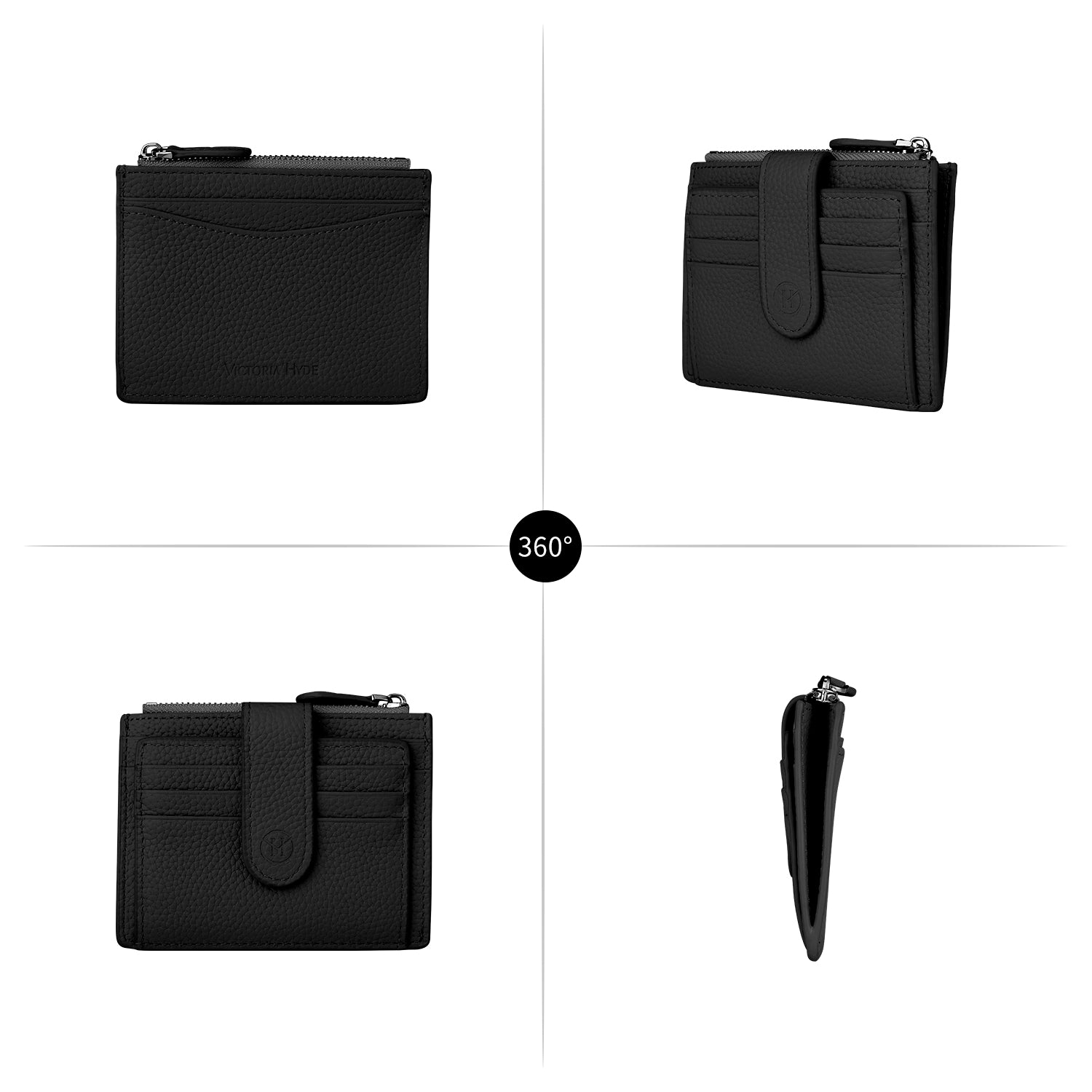 Victoria Hyde genuine leather card holder – soft cowhide, 6 front/back card slots, side zip pocket for tickets, minimalist daily essential.