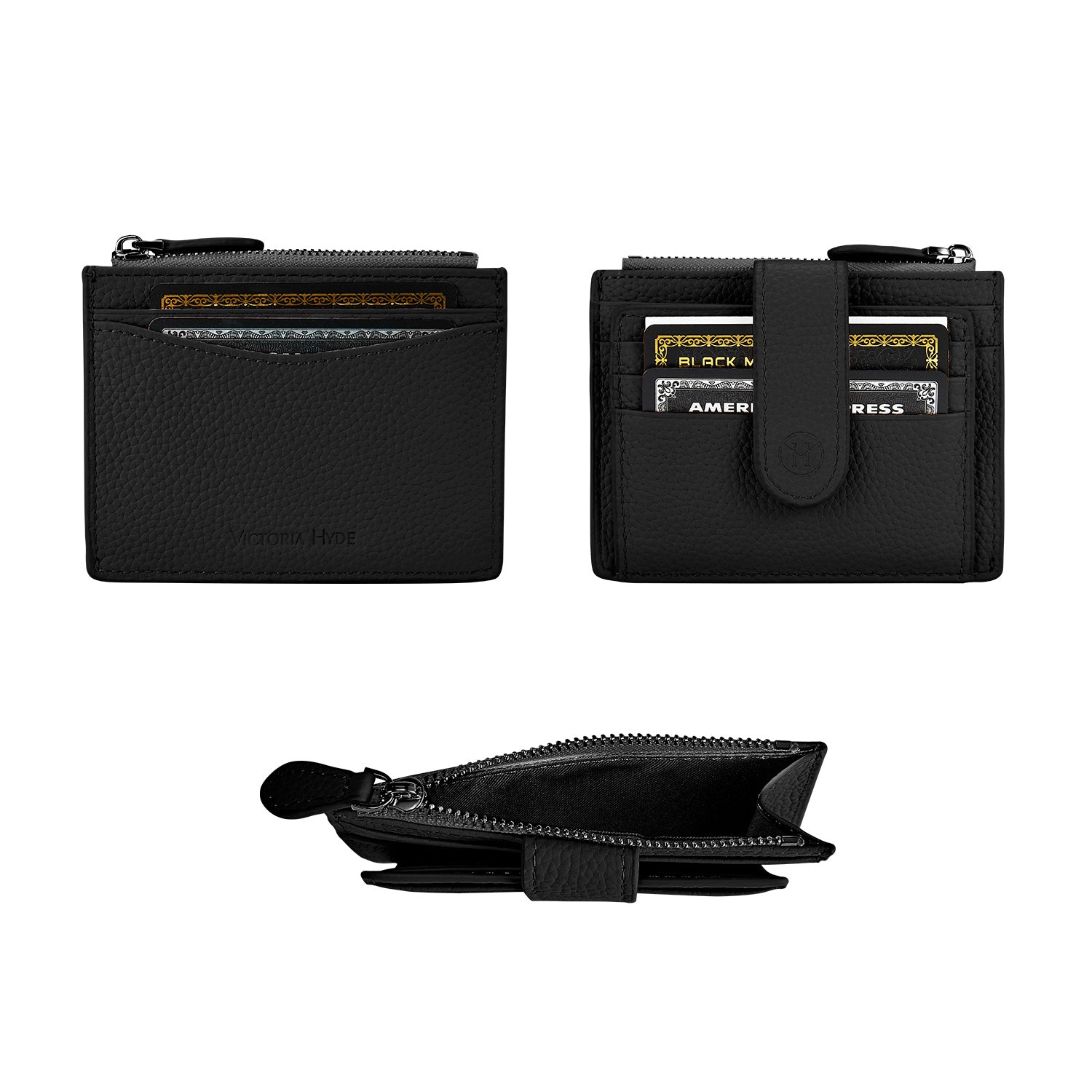 Victoria Hyde genuine leather card holder – soft cowhide, 6 front/back card slots, side zip pocket for tickets, minimalist daily essential.