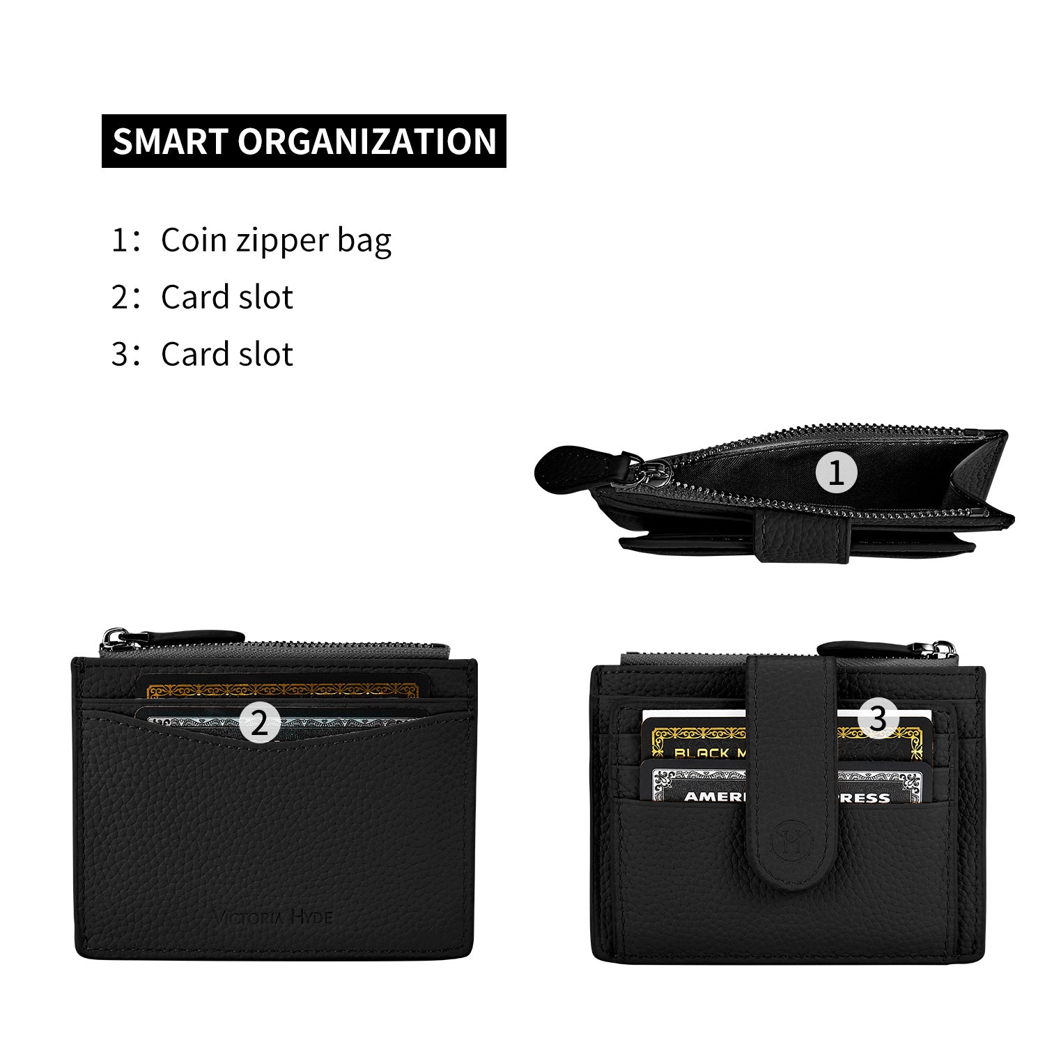 Victoria Hyde genuine leather card holder – soft cowhide, 6 front/back card slots, side zip pocket for tickets, minimalist daily essential.