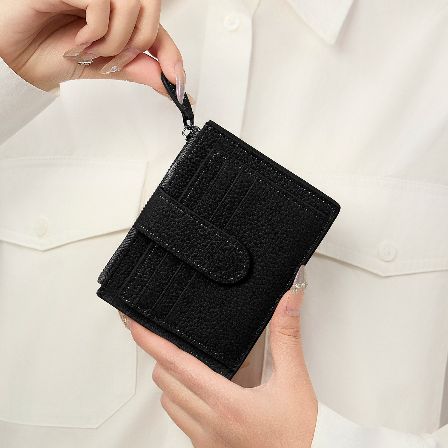 Victoria Hyde genuine leather card holder – soft cowhide, 6 front/back card slots, side zip pocket for tickets, minimalist daily essential.