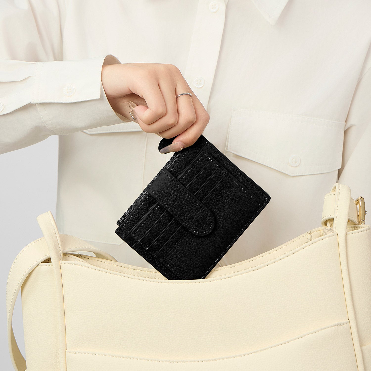 Victoria Hyde genuine leather card holder – soft cowhide, 6 front/back card slots, side zip pocket for tickets, minimalist daily essential.