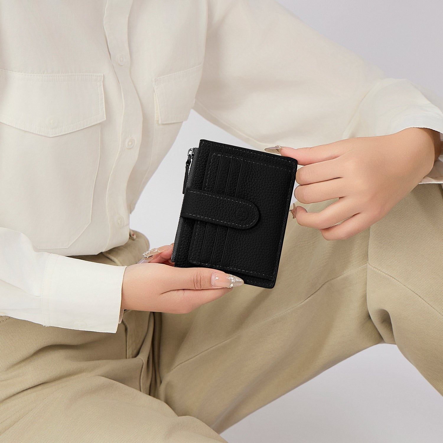 Victoria Hyde genuine leather card holder – soft cowhide, 6 front/back card slots, side zip pocket for tickets, minimalist daily essential.