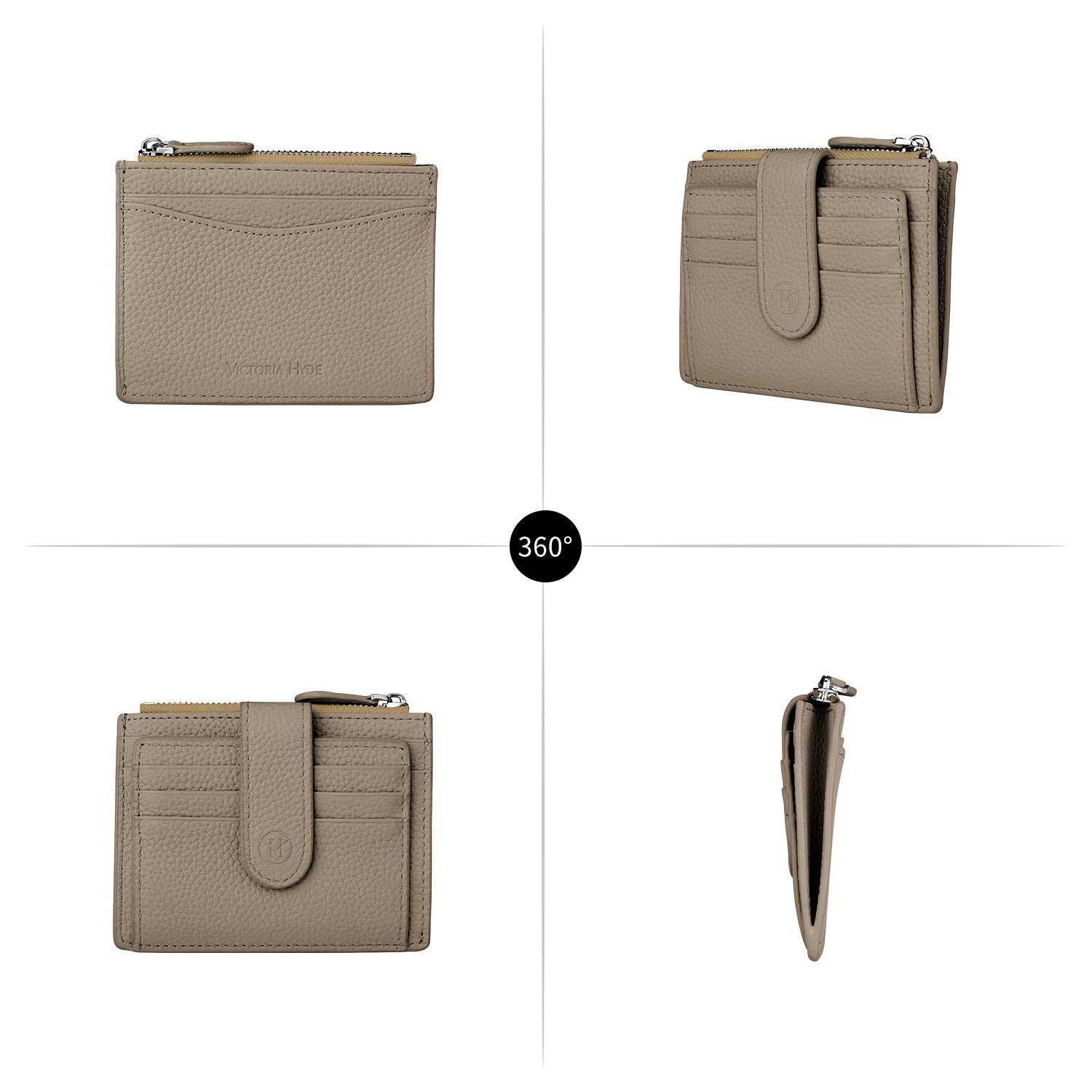 Victoria Hyde genuine leather card case – soft cowhide, minimalist design, 6 card slots, side zipper pocket, daily essential.