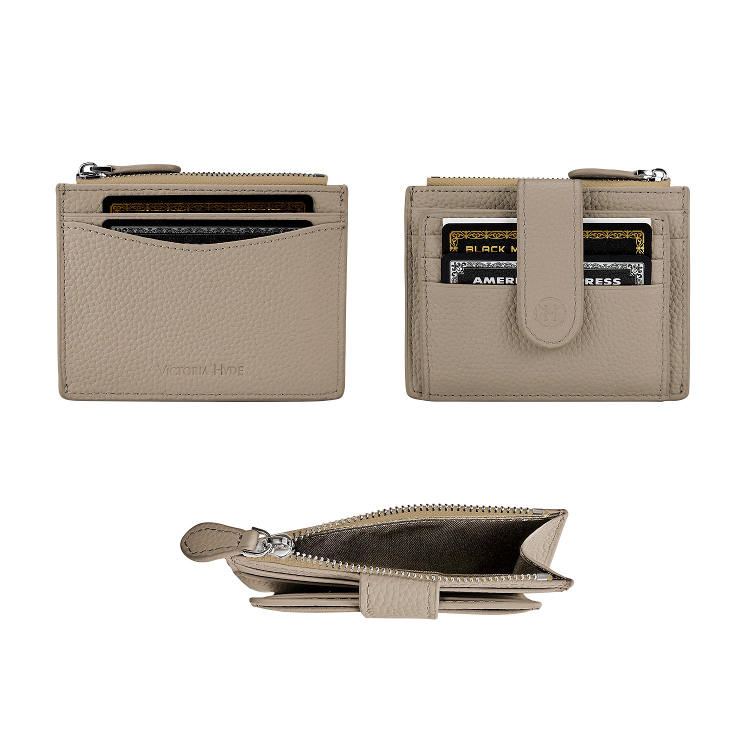 Victoria Hyde genuine leather card case – soft cowhide, minimalist design, 6 card slots, side zipper pocket, daily essential.