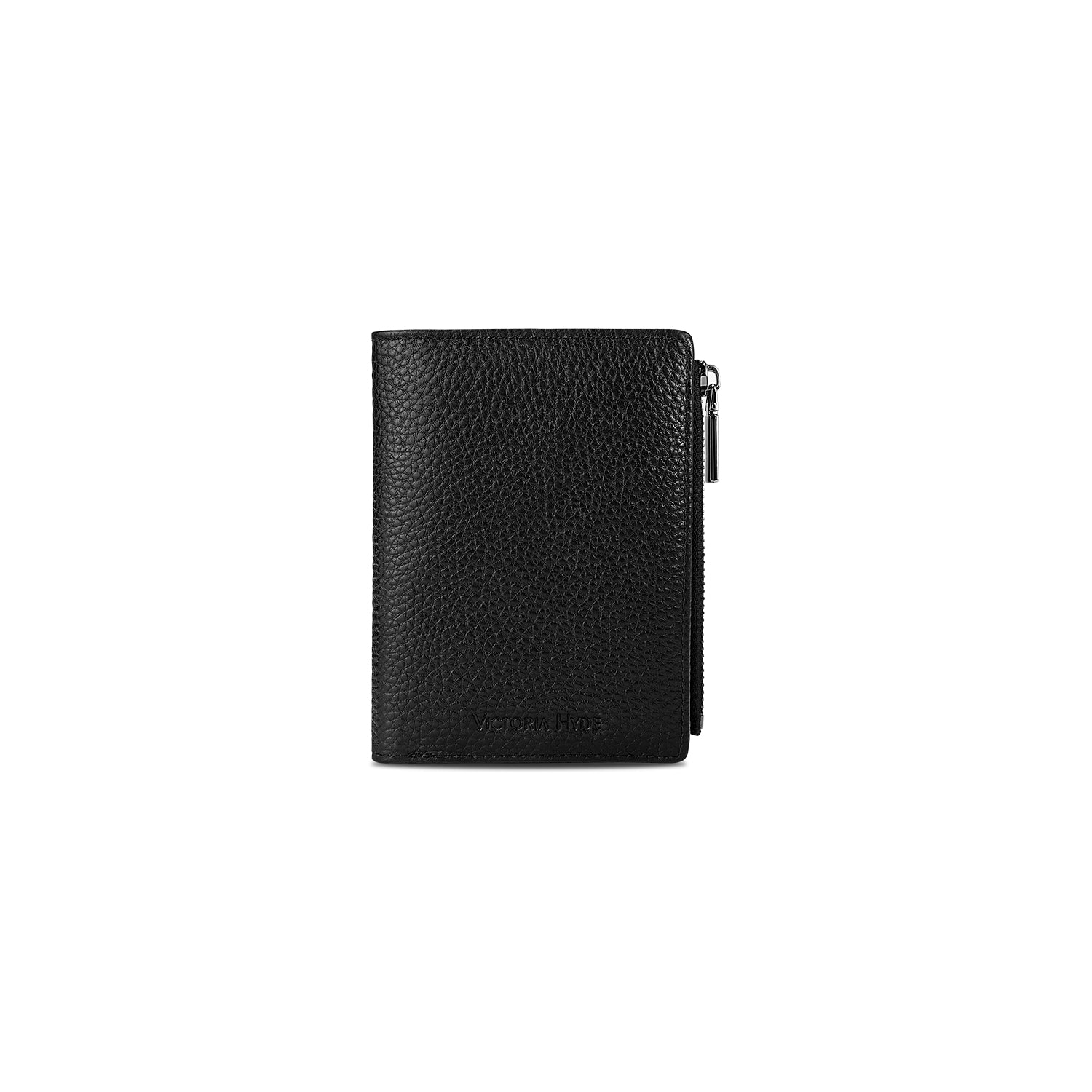 Victoria Hyde genuine leather men's wallet with 8 card slots, bill compartment, zipper coin pocket, plus 4 external quick-access slots. Durable, minimalist luxury for everyday use.