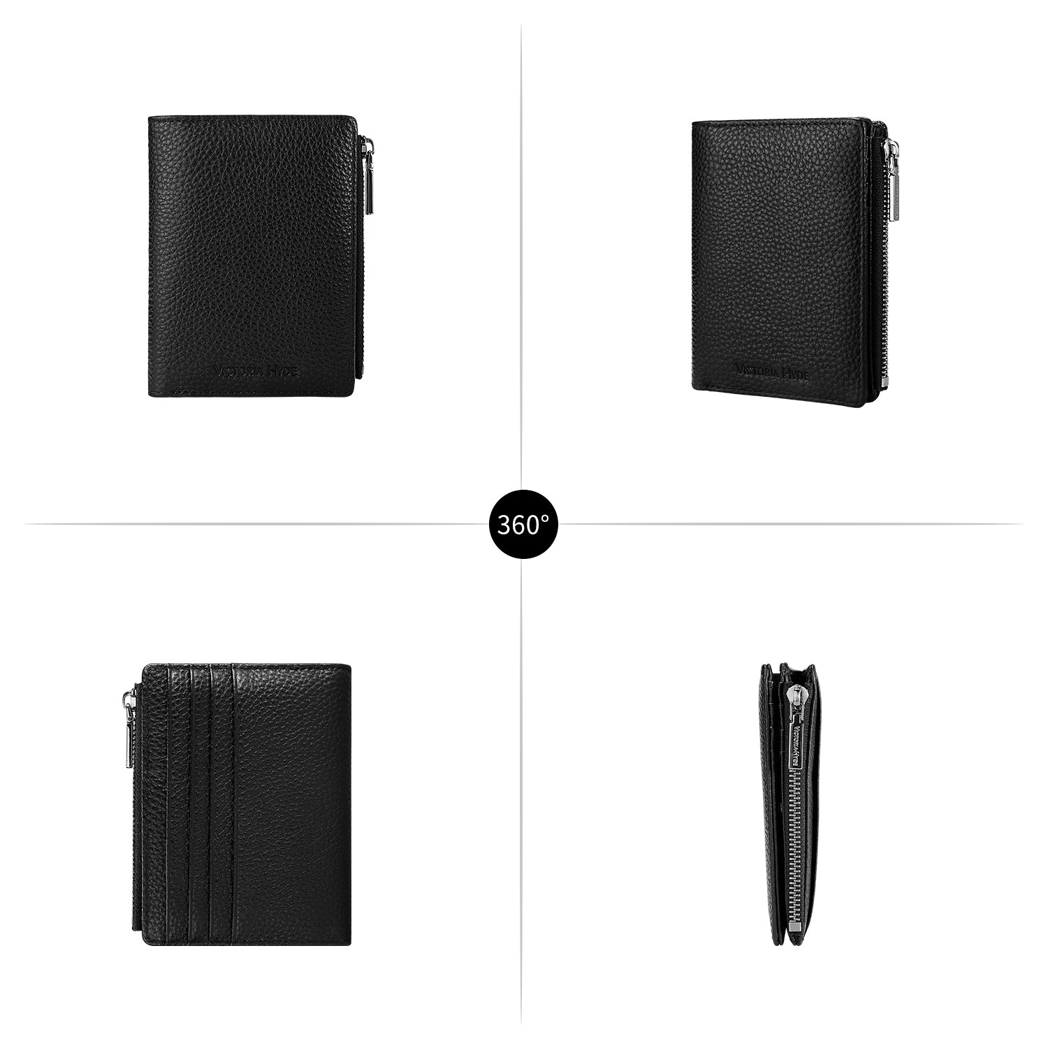 Victoria Hyde genuine leather men's wallet with 8 card slots, bill compartment, zipper coin pocket, plus 4 external quick-access slots. Durable, minimalist luxury for everyday use.