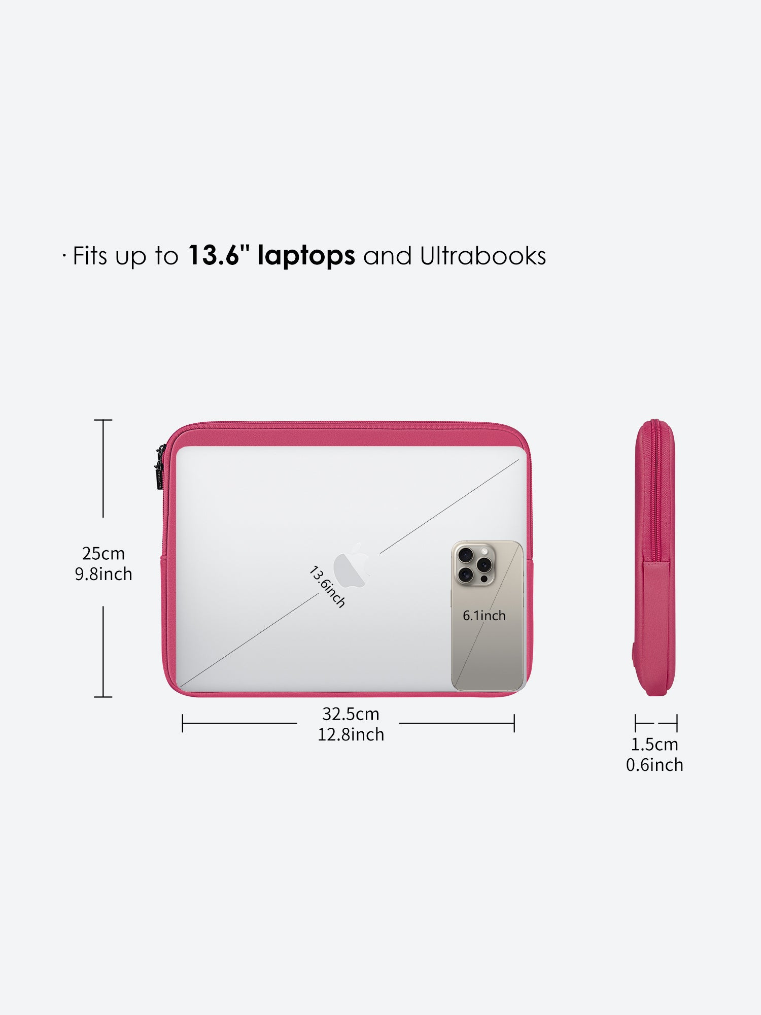 Victoria Hyde pink neoprene laptop sleeve for 13-inch laptops, 32.5x25x1.5cm, lightweight 0.2kg, zinc alloy hardware, protective and durable.