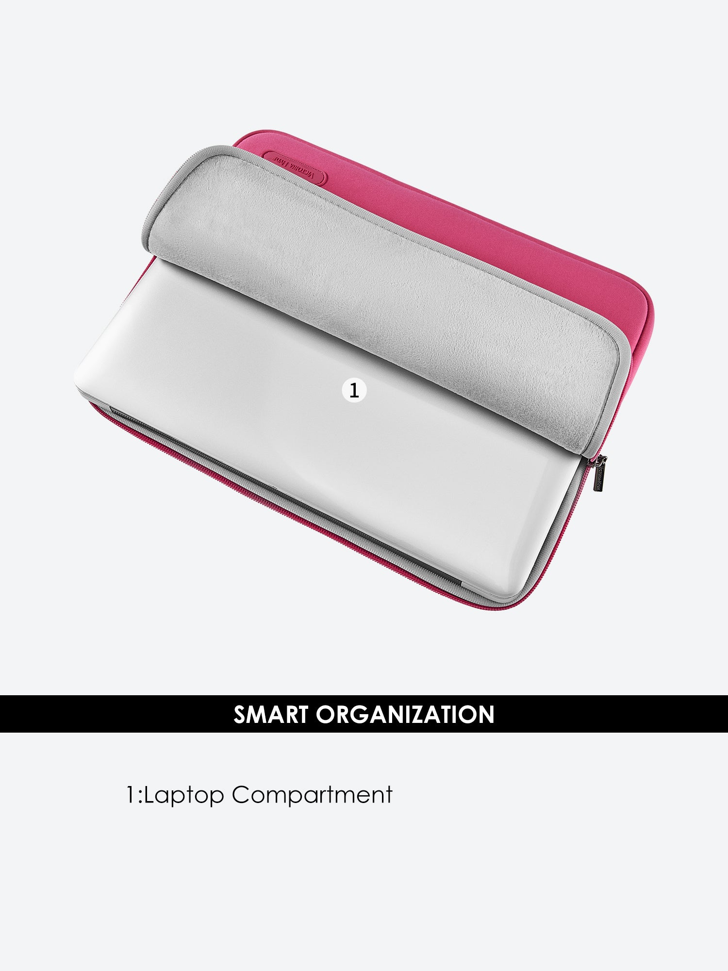 Victoria Hyde pink neoprene laptop sleeve for 13-inch laptops, 32.5x25x1.5cm, lightweight 0.2kg, zinc alloy hardware, protective and durable.