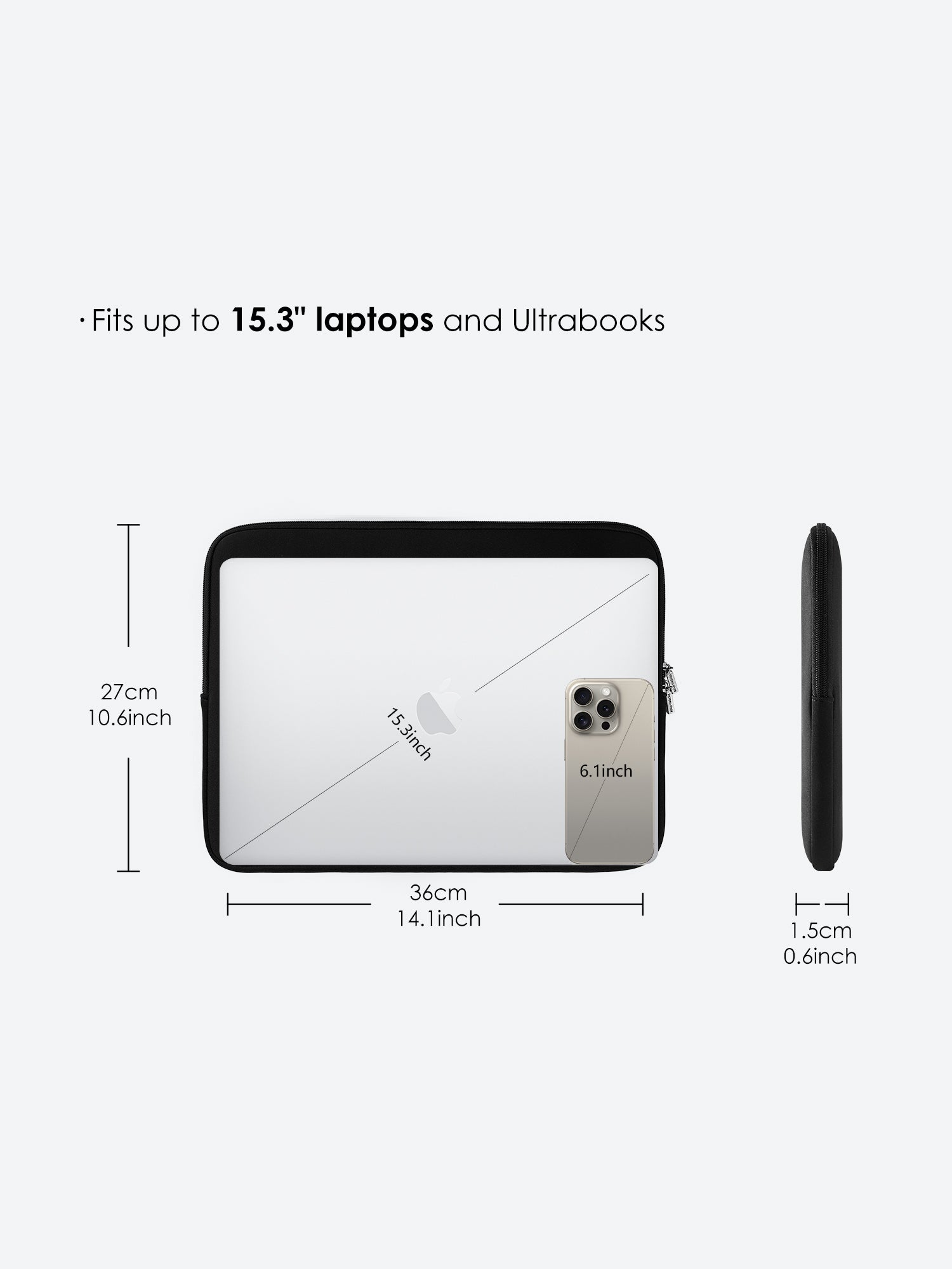 Victoria Hyde black neoprene laptop sleeve, 36x27x1.5cm, fits 15-inch laptop (34.04x23.76cm). Lightweight 0.25kg, durable polyester and zinc alloy hardware.