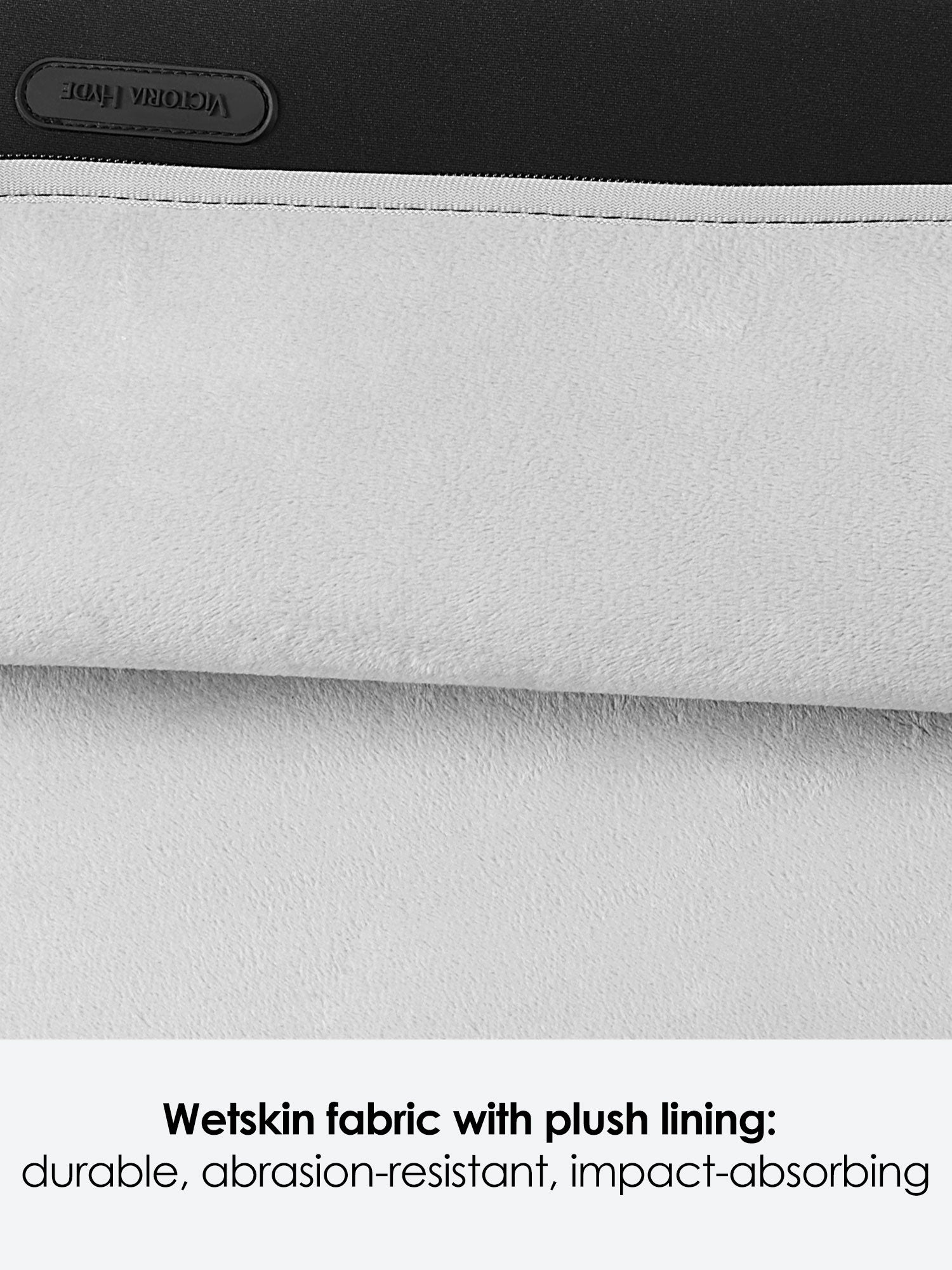 Victoria Hyde black neoprene laptop sleeve, 36x27x1.5cm, fits 15-inch laptop (34.04x23.76cm). Lightweight 0.25kg, durable polyester and zinc alloy hardware.