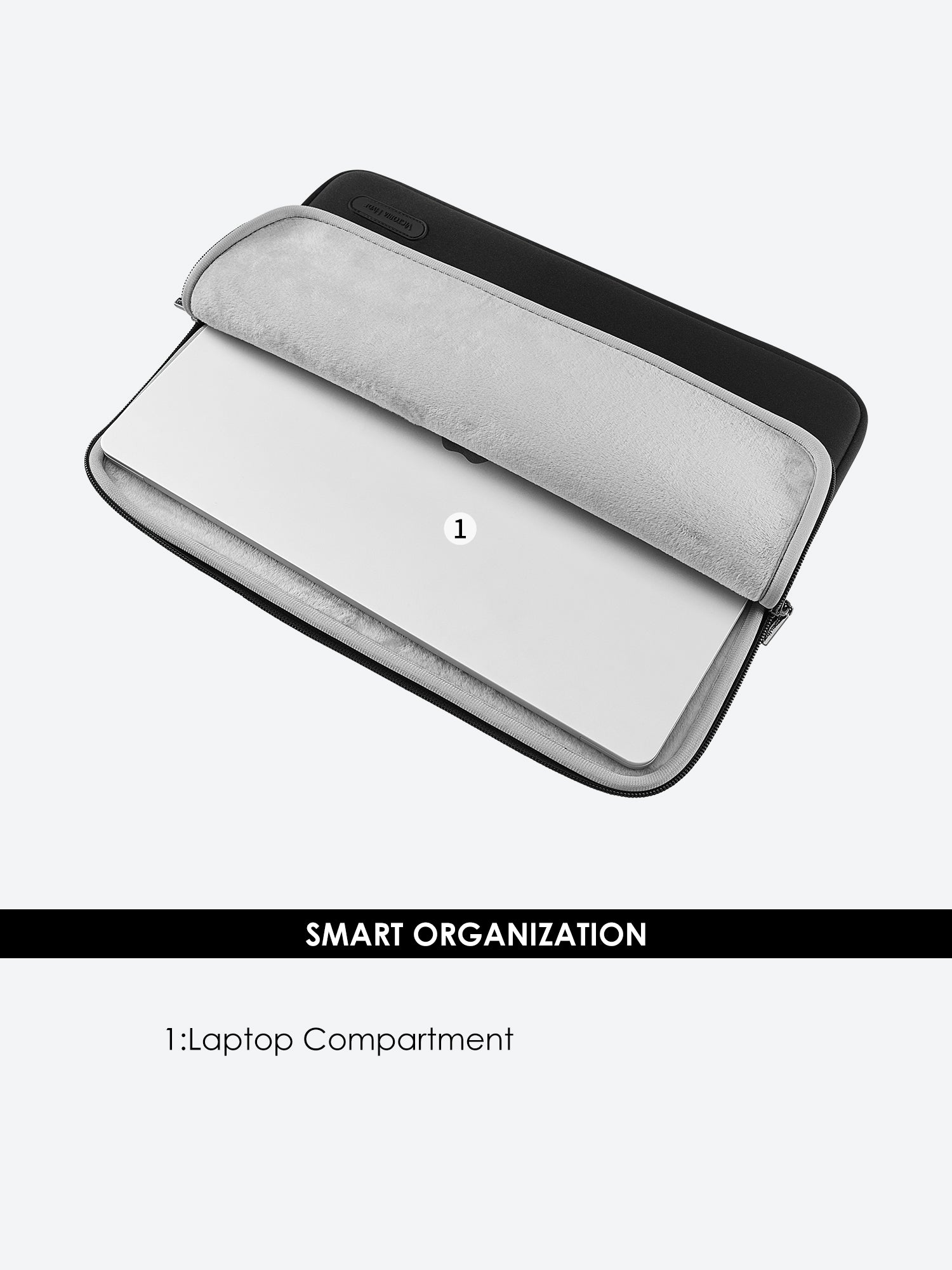 Victoria Hyde black neoprene laptop sleeve, 36x27x1.5cm, fits 15-inch laptop (34.04x23.76cm). Lightweight 0.25kg, durable polyester and zinc alloy hardware.