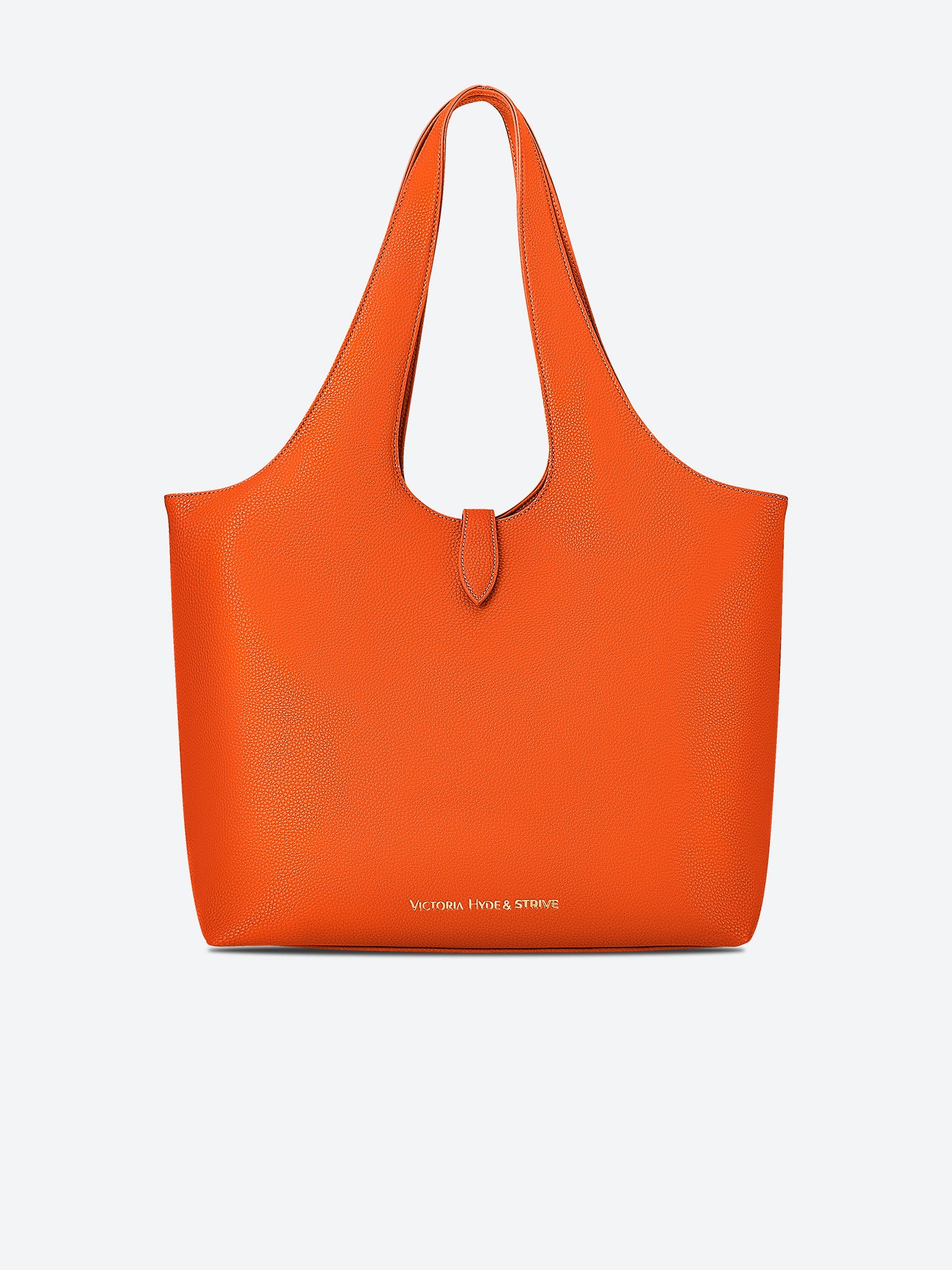 Victoria Hyde Strive Collection orange work bag with thoughtful interior pockets, removable laptop compartment, zippered back with trolley strap, durable microfiber leather, sustainable RPET lining, scratch-resistant & water-repellent. Ideal for professionals.