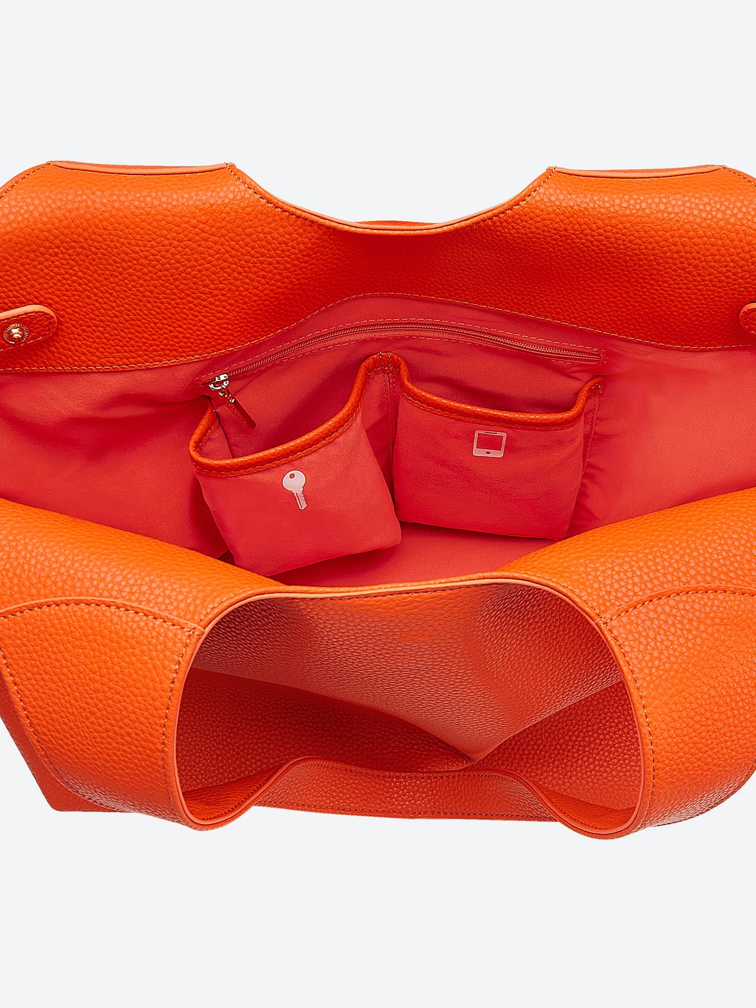 Victoria Hyde Strive Collection orange work bag with thoughtful interior pockets, removable laptop compartment, zippered back with trolley strap, durable microfiber leather, sustainable RPET lining, scratch-resistant &amp; water-repellent. Ideal for professionals.