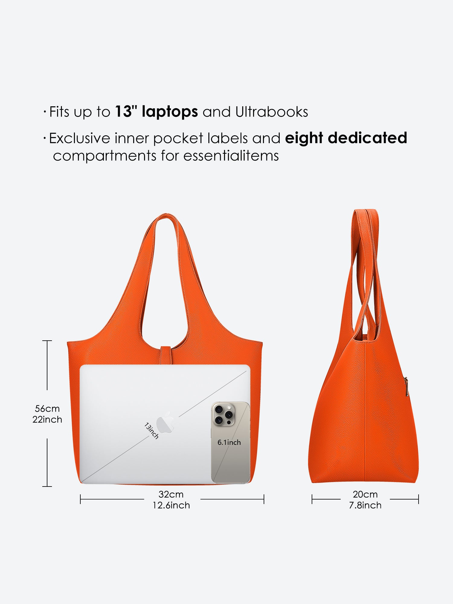 Victoria Hyde Strive Collection orange work bag with thoughtful interior pockets, removable laptop compartment, zippered back with trolley strap, durable microfiber leather, sustainable RPET lining, scratch-resistant &amp; water-repellent. Ideal for professionals.