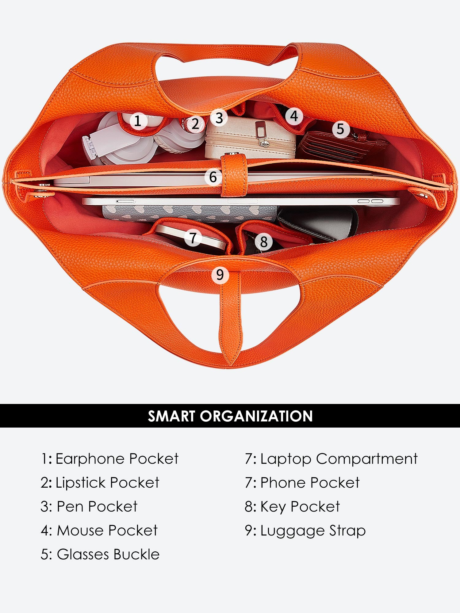 Victoria Hyde Strive Collection orange work bag with thoughtful interior pockets, removable laptop compartment, zippered back with trolley strap, durable microfiber leather, sustainable RPET lining, scratch-resistant &amp; water-repellent. Ideal for professionals.