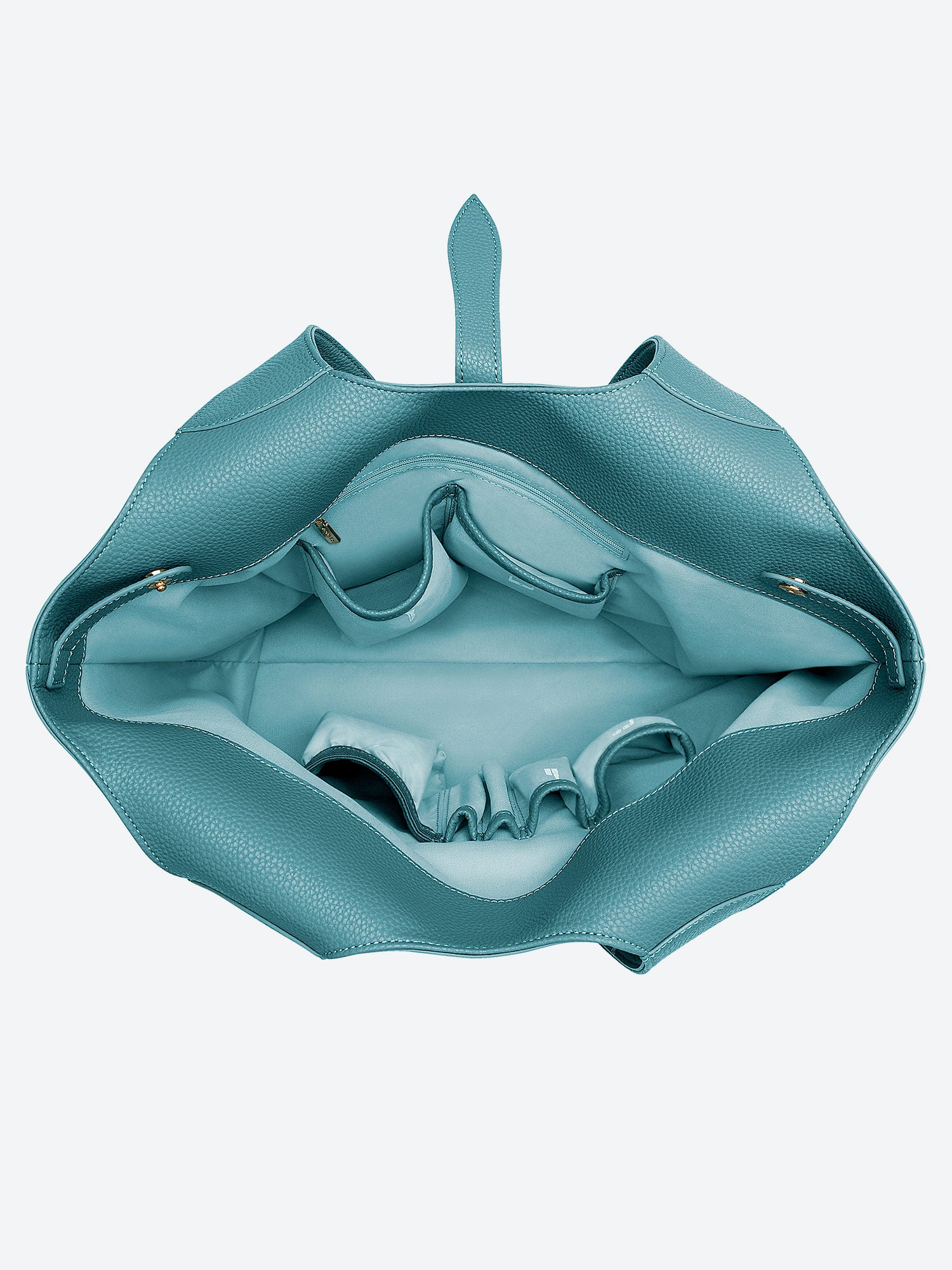 Victoria Hyde Strive Collection turquoise work bag. Microfiber leather, RPET lining. Interior pockets, removable laptop compartment, trolley strap. 0.85kg, 56x32x20 cm.