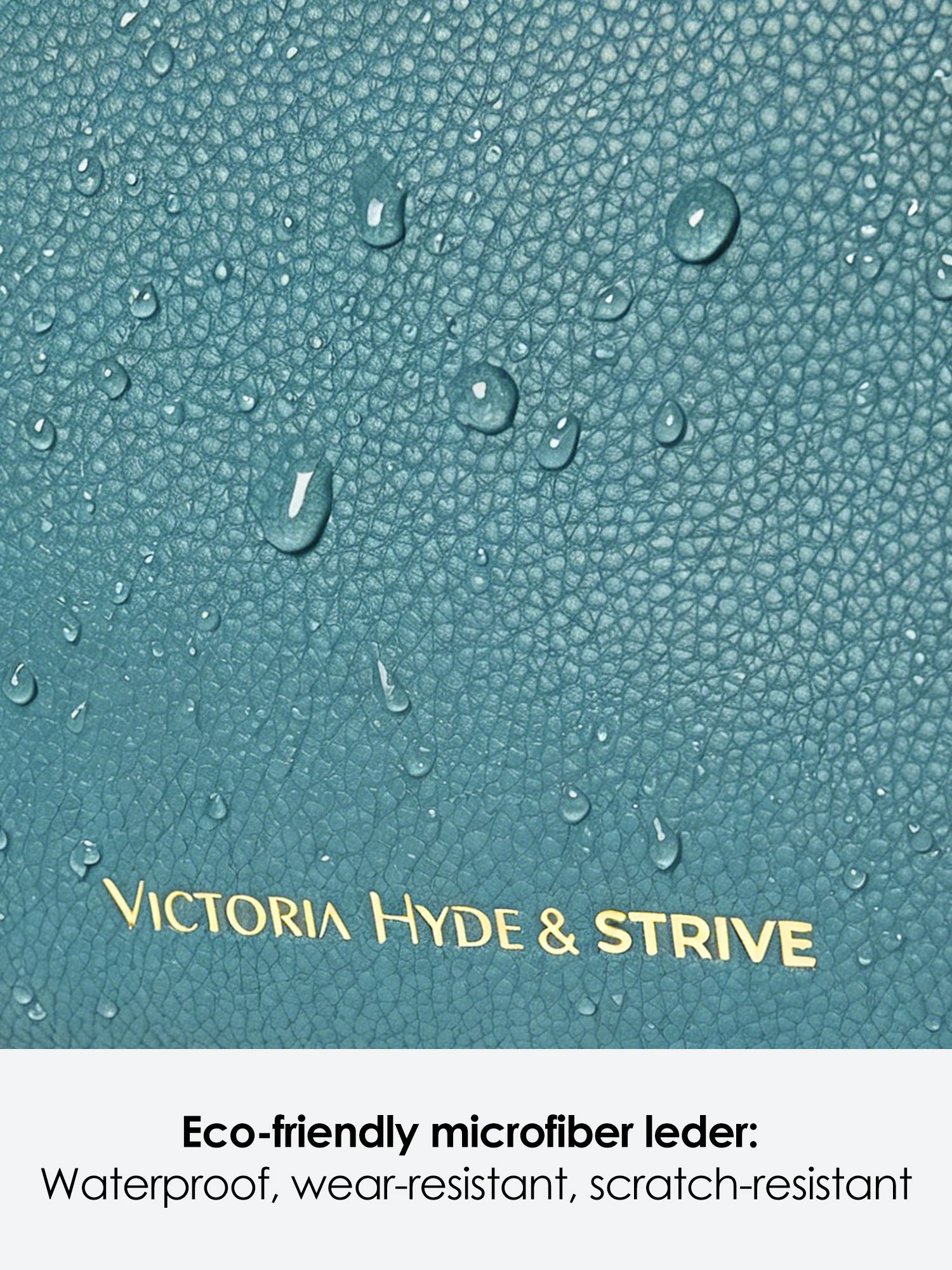 Victoria Hyde Strive Collection turquoise work bag. Microfiber leather, RPET lining. Interior pockets, removable laptop compartment, trolley strap. 0.85kg, 56x32x20 cm.