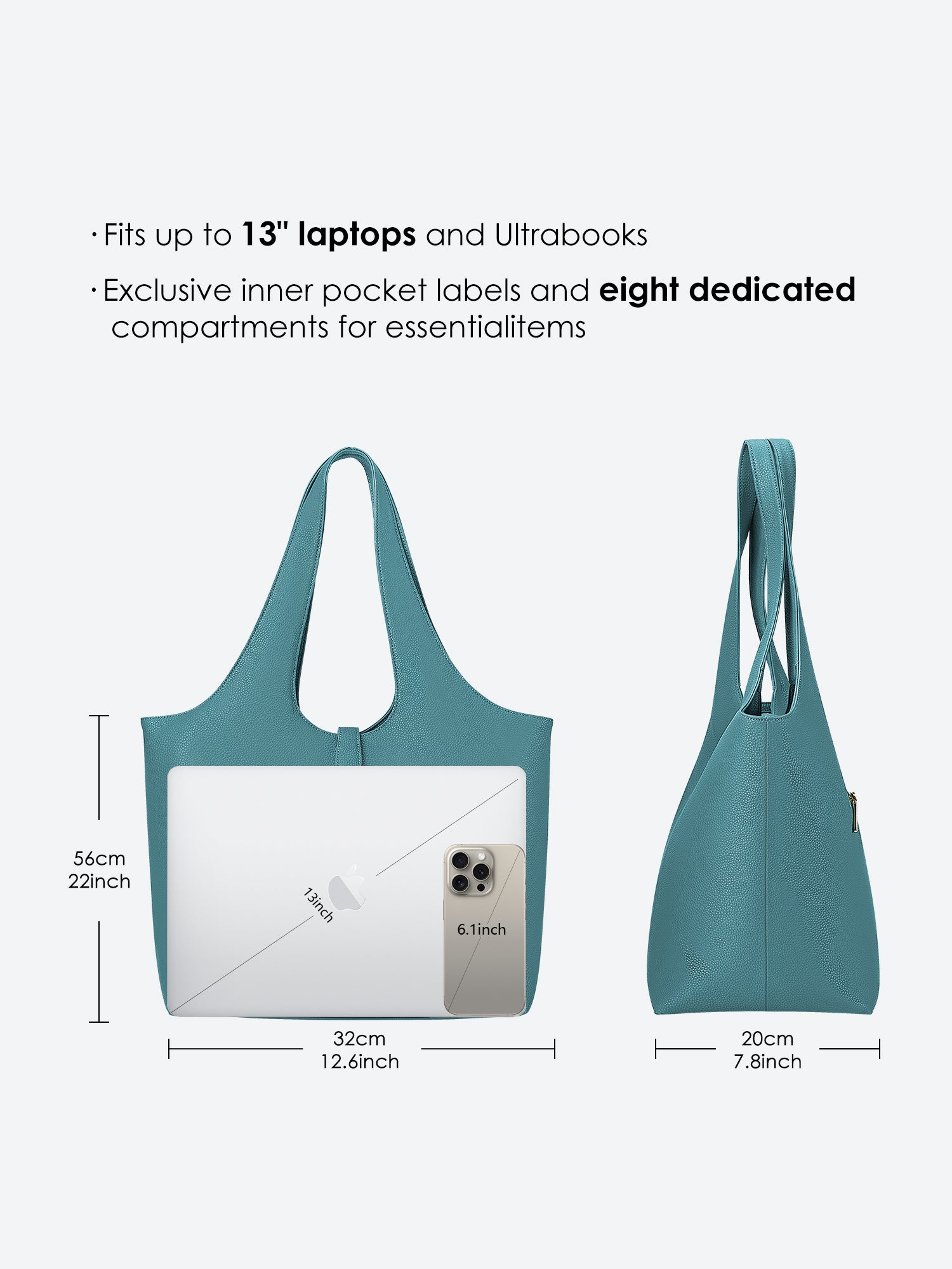 Victoria Hyde Strive Collection turquoise work bag. Microfiber leather, RPET lining. Interior pockets, removable laptop compartment, trolley strap. 0.85kg, 56x32x20 cm.