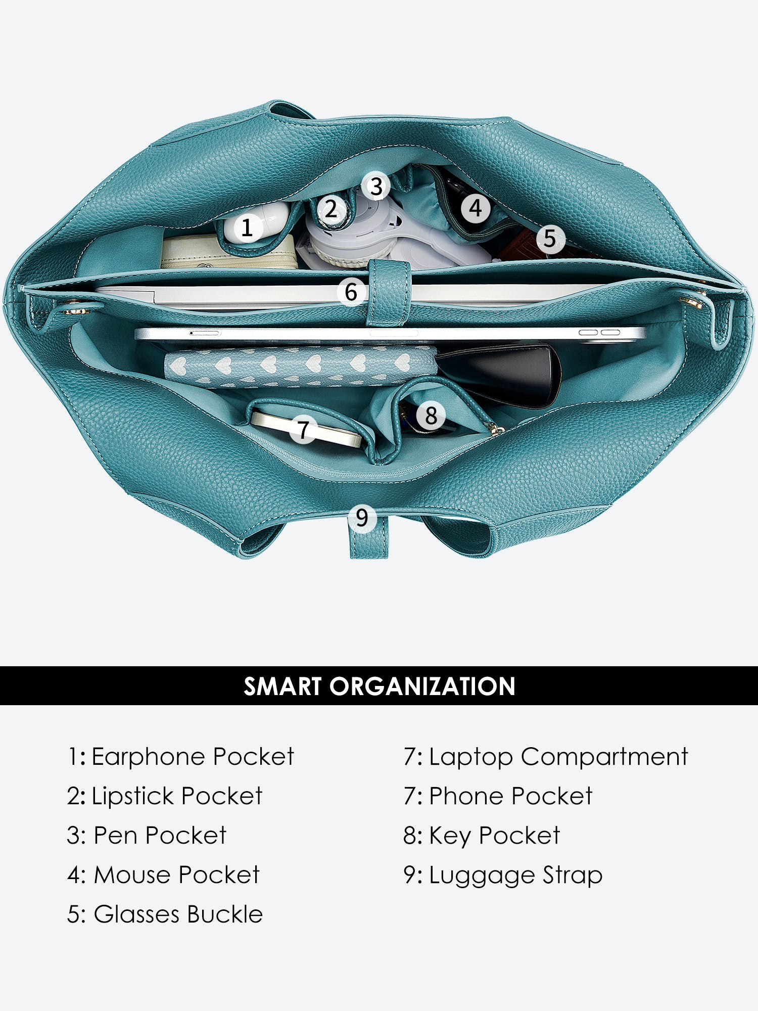 Victoria Hyde Strive Collection turquoise work bag. Microfiber leather, RPET lining. Interior pockets, removable laptop compartment, trolley strap. 0.85kg, 56x32x20 cm.