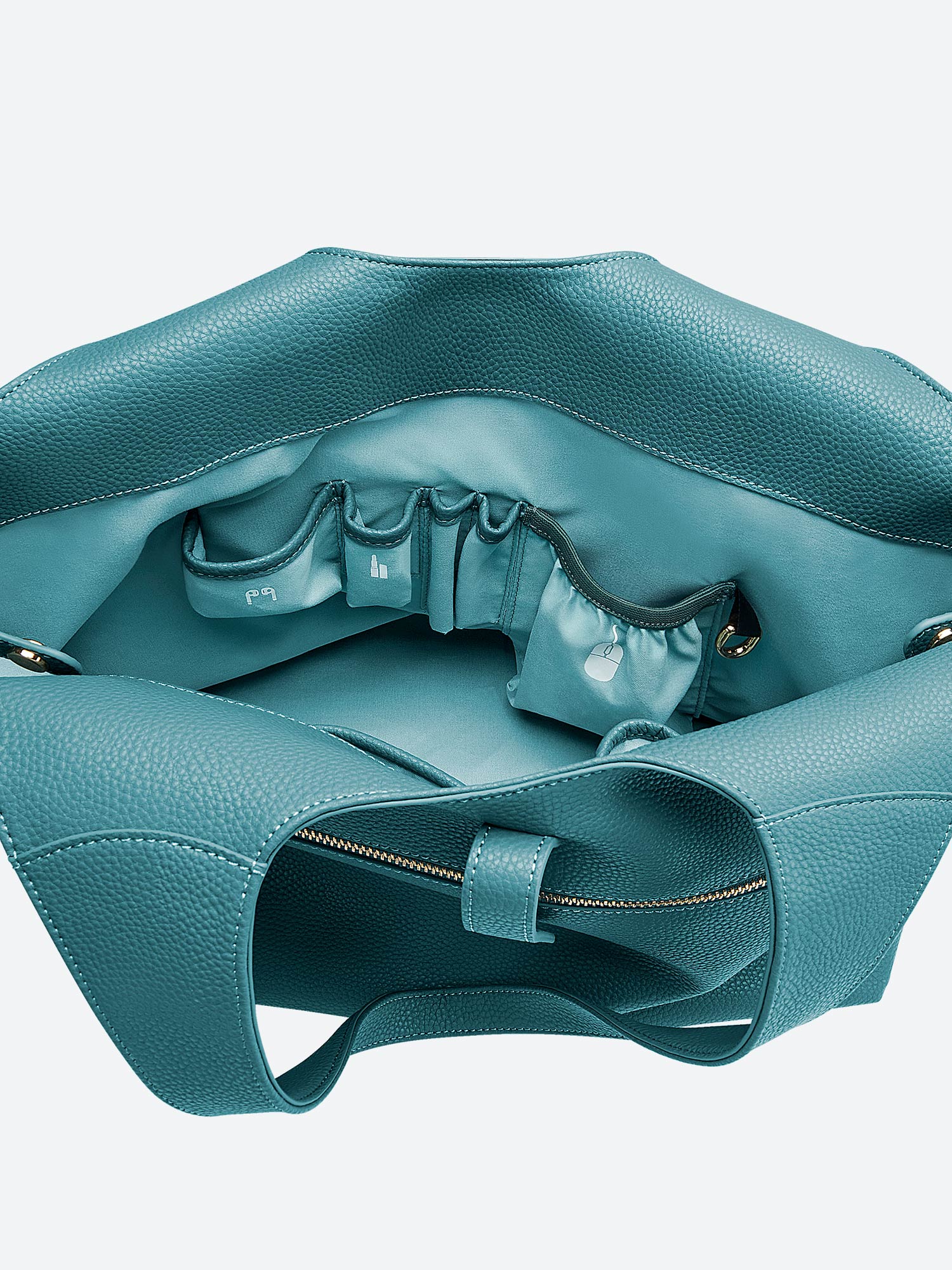 Victoria Hyde Strive Collection turquoise work bag. Microfiber leather, RPET lining. Interior pockets, removable laptop compartment, trolley strap. 0.85kg, 56x32x20 cm.