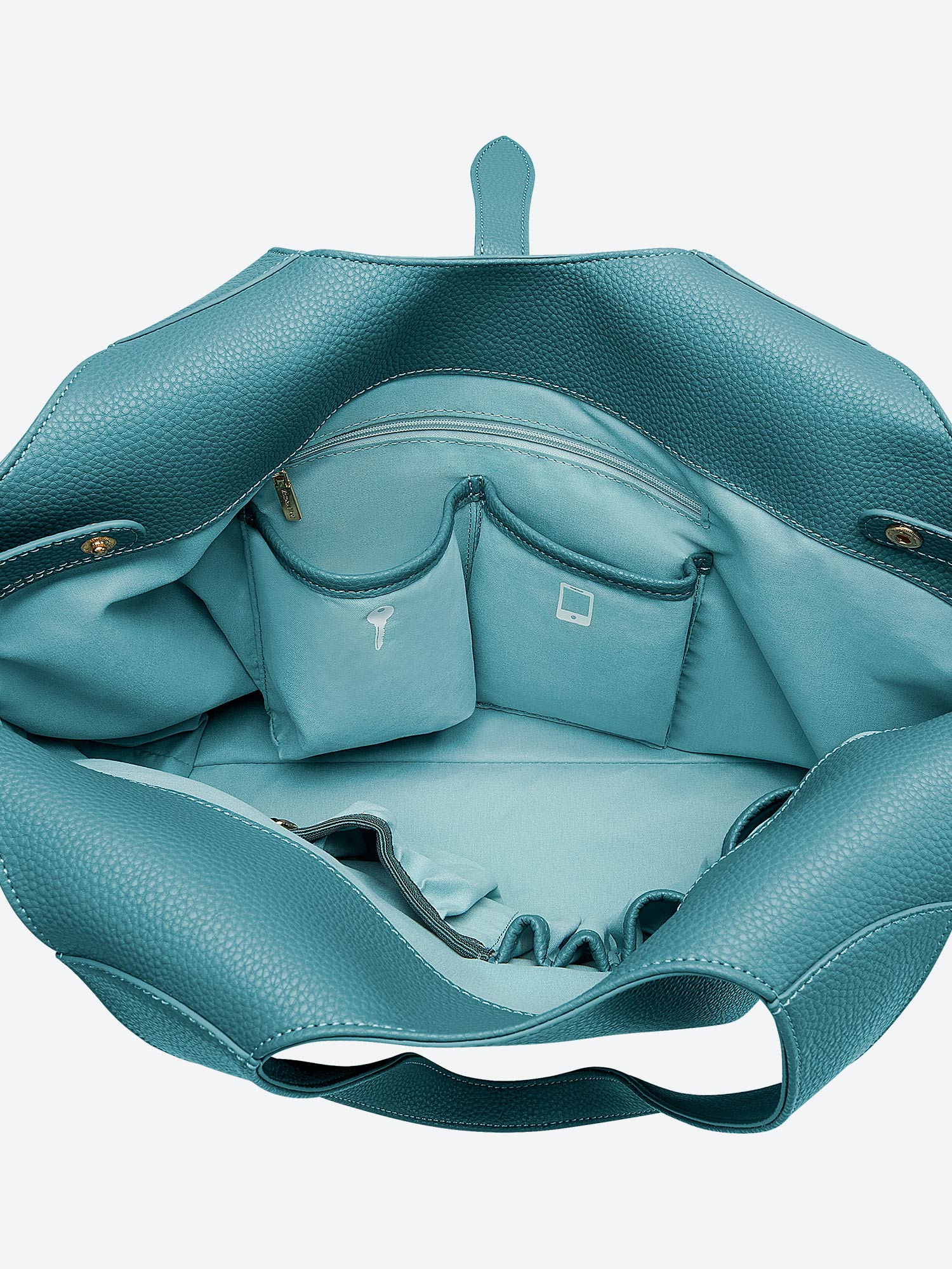 Victoria Hyde Strive Collection turquoise work bag. Microfiber leather, RPET lining. Interior pockets, removable laptop compartment, trolley strap. 0.85kg, 56x32x20 cm.