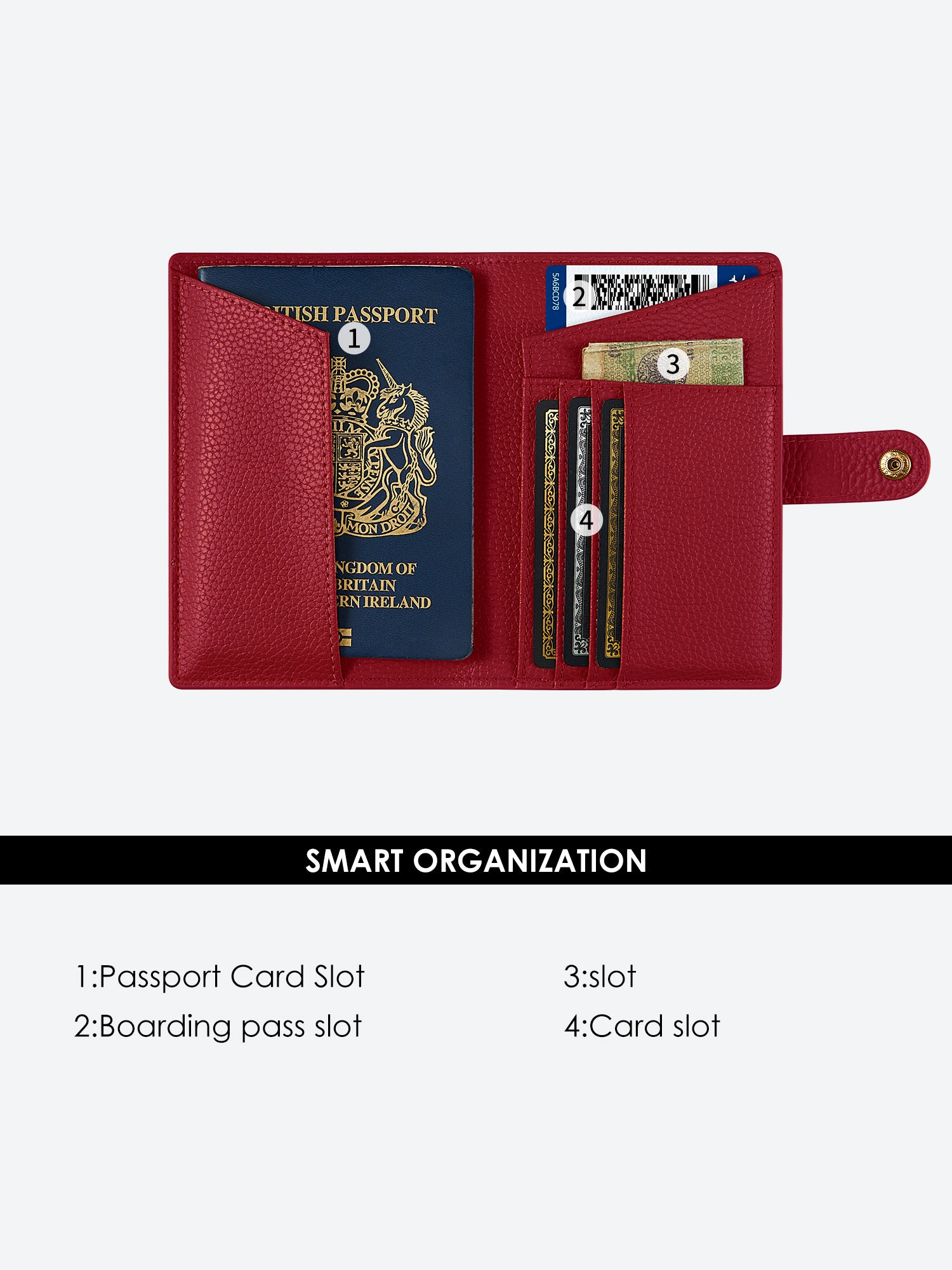 Victoria Hyde full-grain leather passport wallet with brass buckle, microfiber lining. Holds passport, boarding pass, 3 cards. Dimensions: 14 x 9.5 cm.