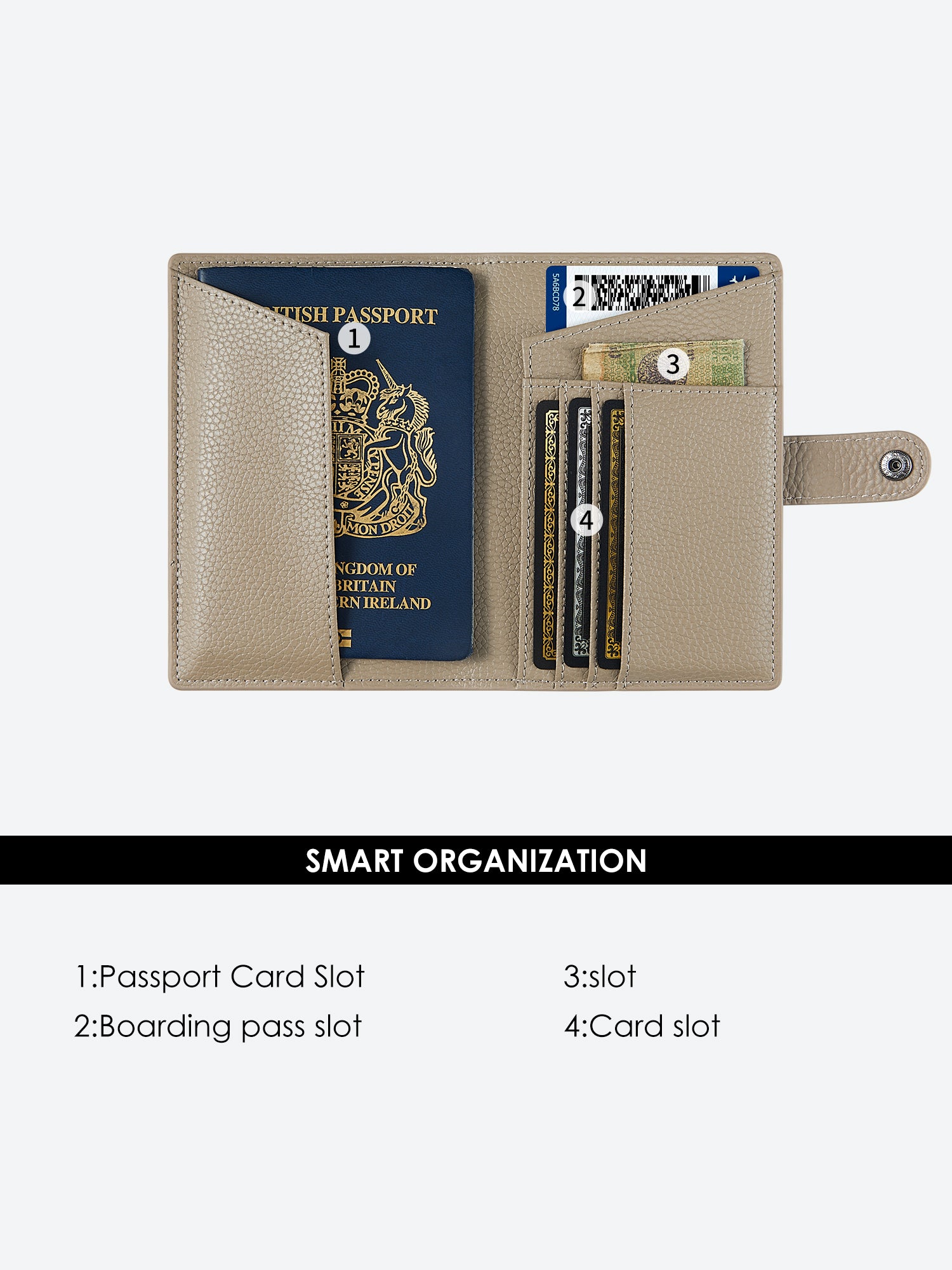 Victoria Hyde passport wallet in full-grain leather with brass buckle. Features boarding pass slot, 3 card slots, and microfiber lining. 14x9.5x1 cm.