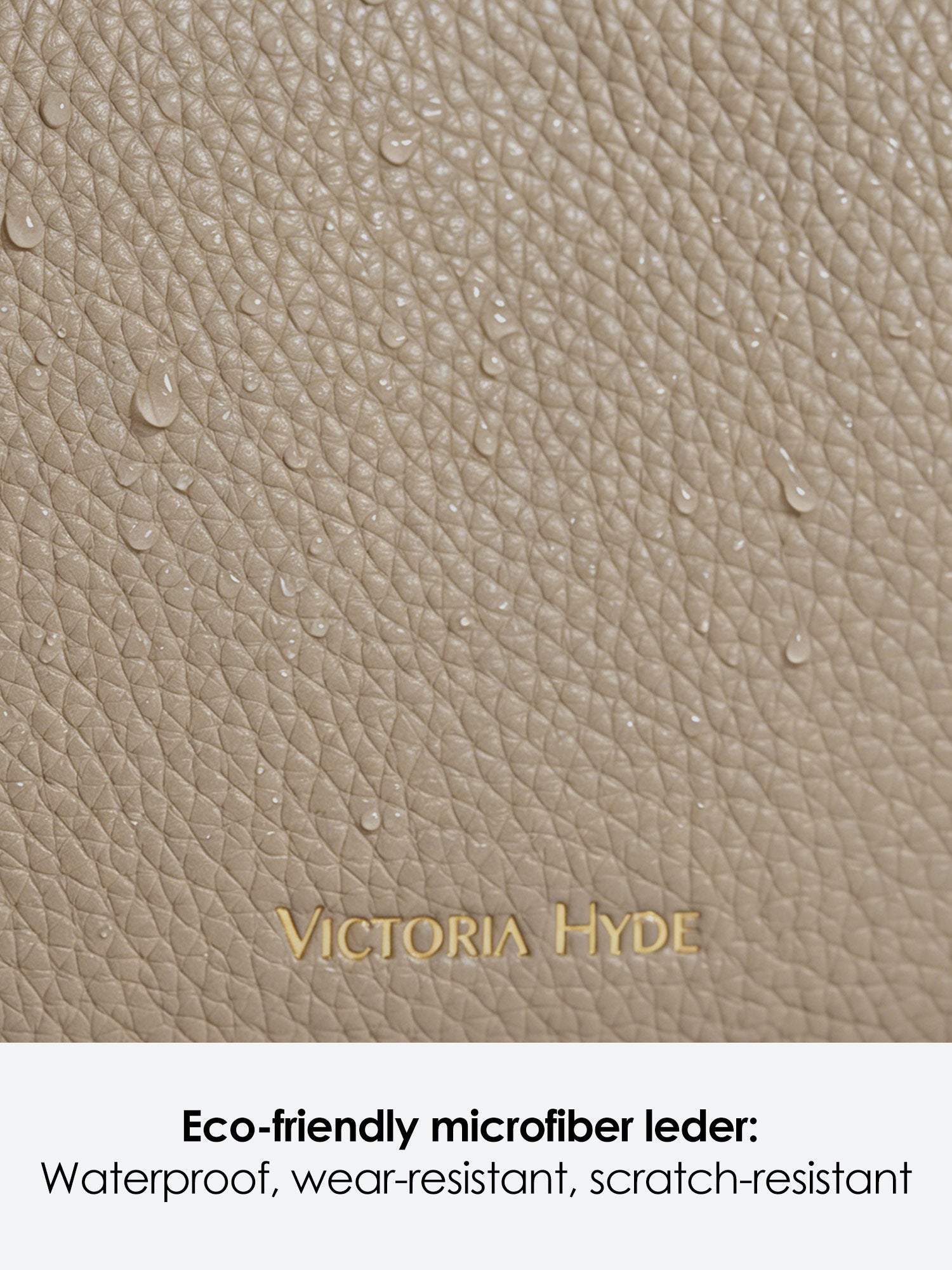 Victoria Hyde Antonia bag, light gold hardware, microfiber with recycled lining. Compact 18x10.5x9 cm, front pockets for keys, lipstick, earphones, slogan "Love what you do."