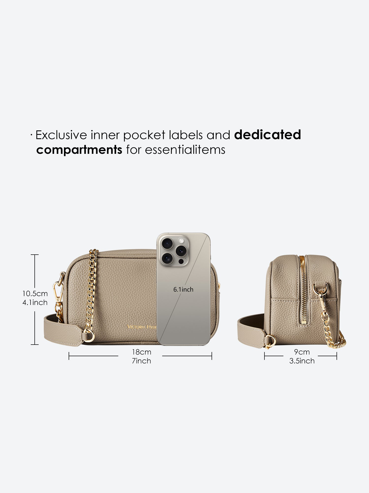 Victoria Hyde Antonia bag, light gold hardware, microfiber with recycled lining. Compact 18x10.5x9 cm, front pockets for keys, lipstick, earphones, slogan "Love what you do."