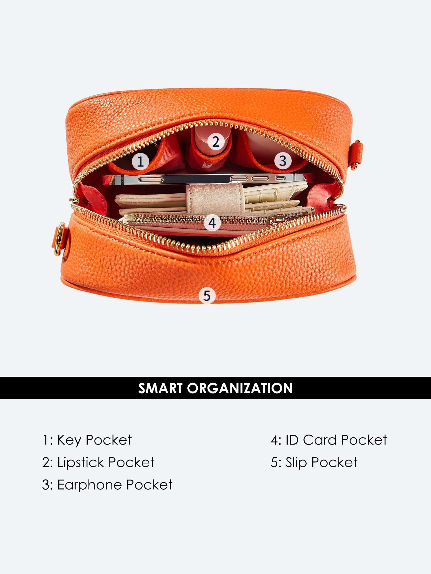 Victoria Hyde Antonia bag in light gold fittings. Microfiber with recycled lining, 18x10.5x9 cm, 0.3kg. Front pockets, card slot, slogan: Love what you do.