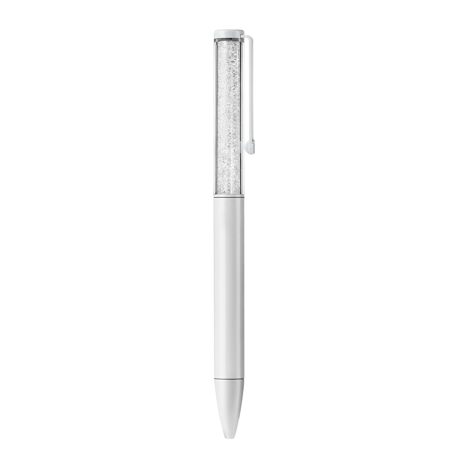 Victoria Hyde pearl white crystal ballpoint pen with imitation Swarovski stone, aluminum body, zinc clip, silver tip. Elegant writing accessory.