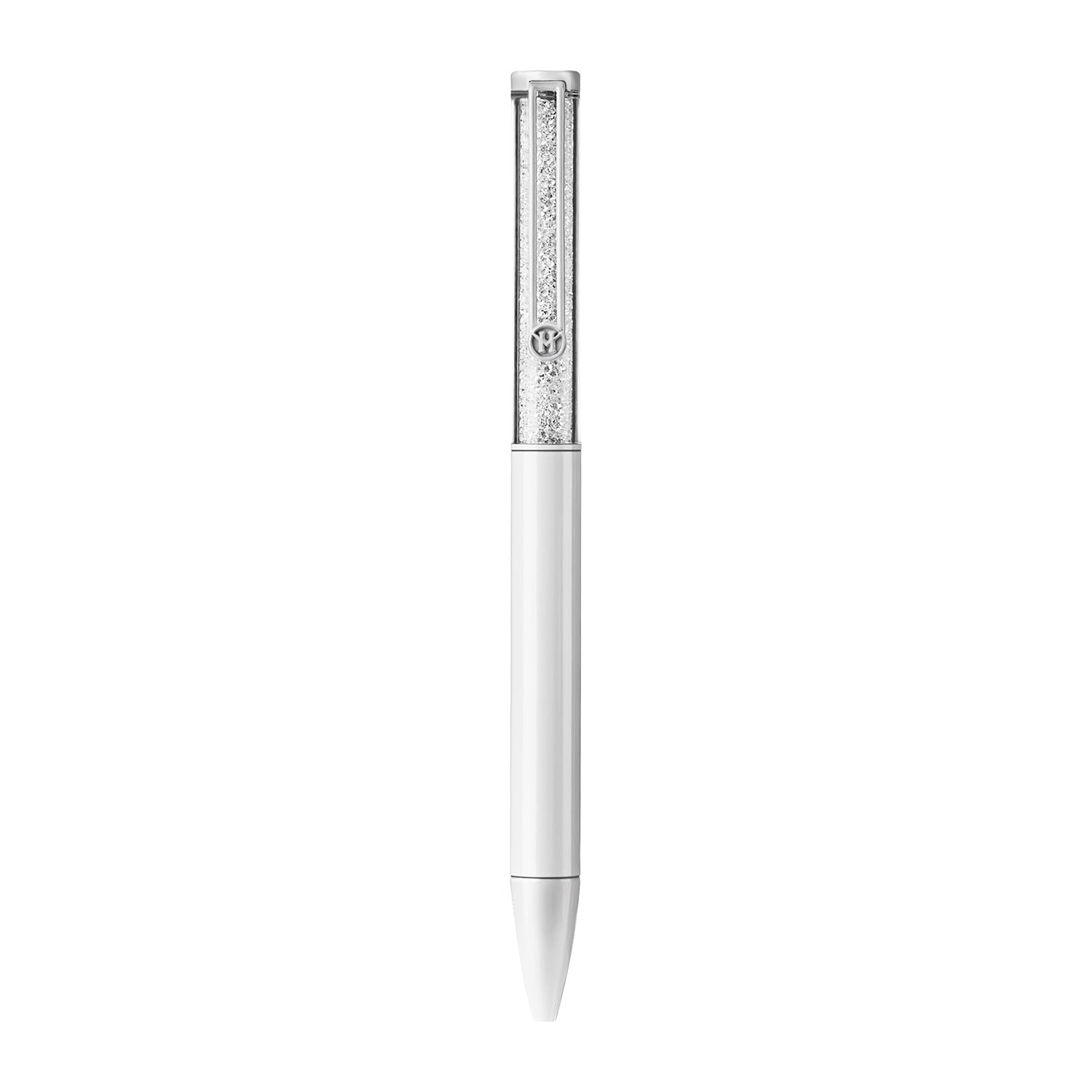 Victoria Hyde pearl white crystal ballpoint pen with imitation Swarovski stone, aluminum body, zinc clip, silver tip. Elegant writing accessory.