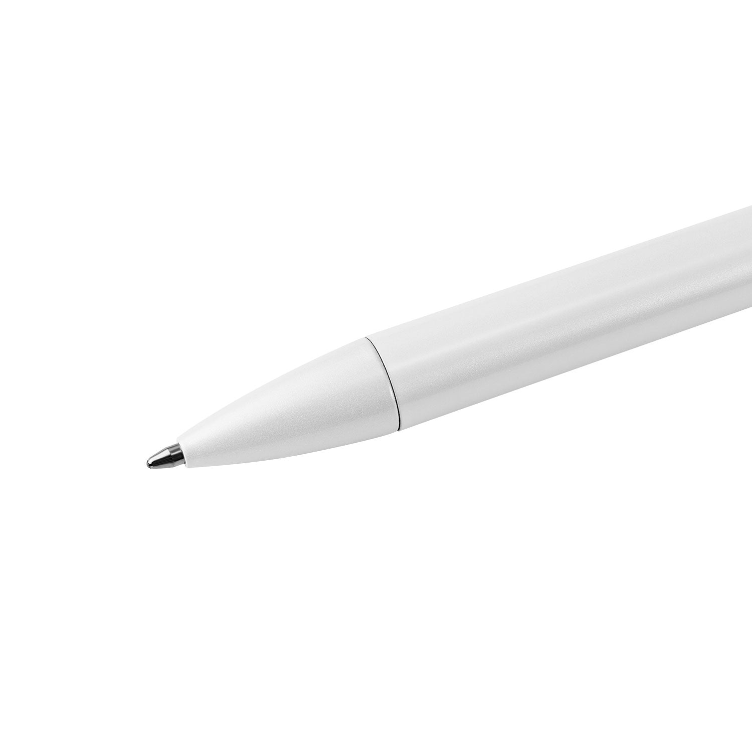 Victoria Hyde pearl white crystal ballpoint pen with imitation Swarovski stone, aluminum body, zinc clip, silver tip. Elegant writing accessory.